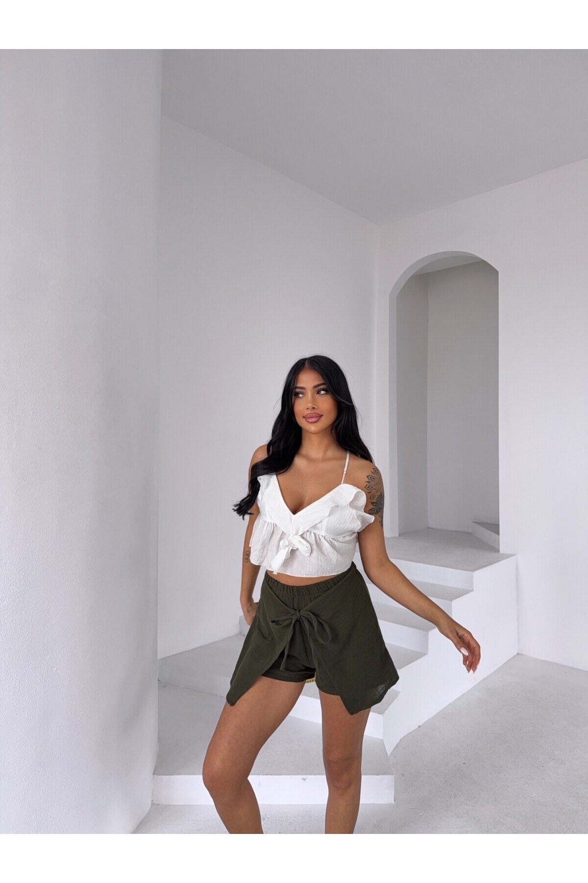 Müslin Keten Bağlama Detay Şort Haki