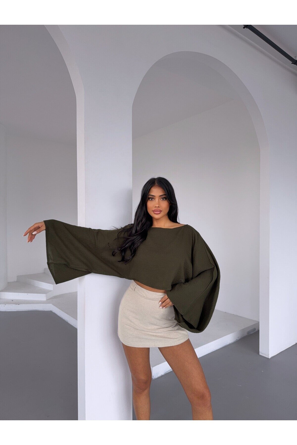 Müslin Keten Bluz Haki