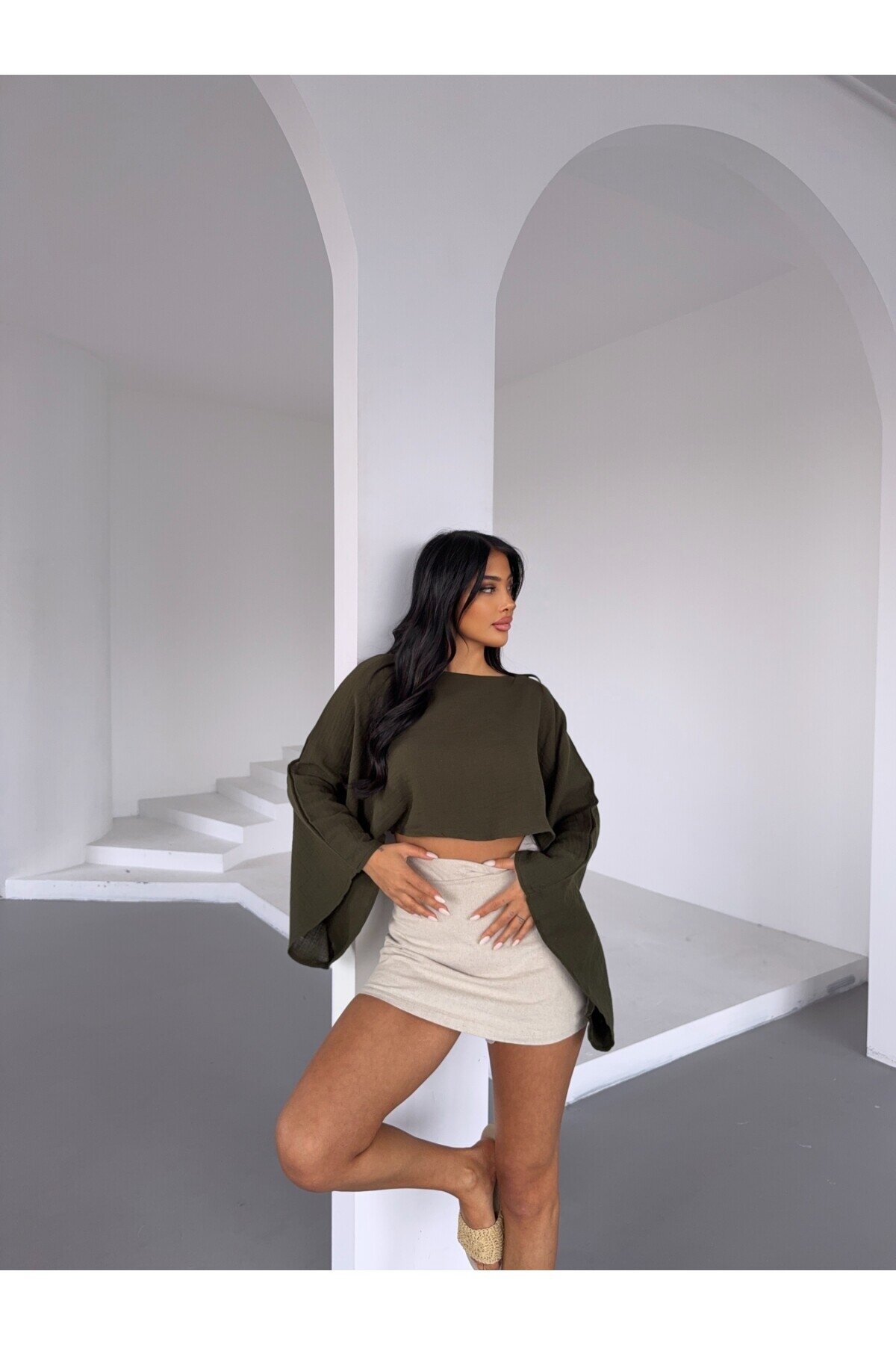 Müslin Keten Bluz Haki