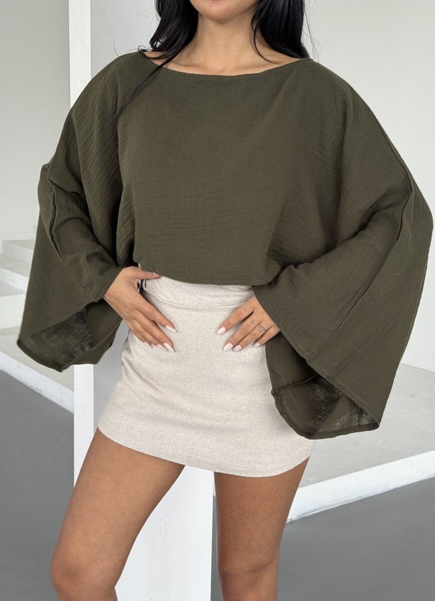 Müslin Keten Bluz Haki