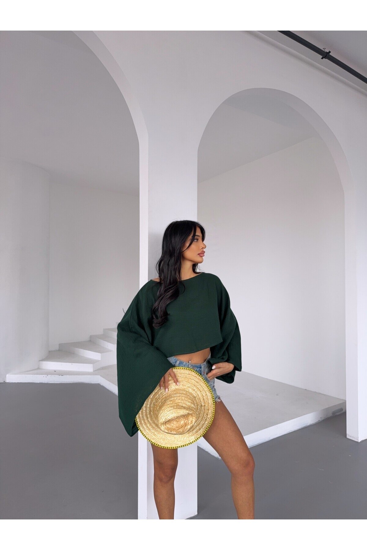 Müslin Keten Bluz Zümrüt