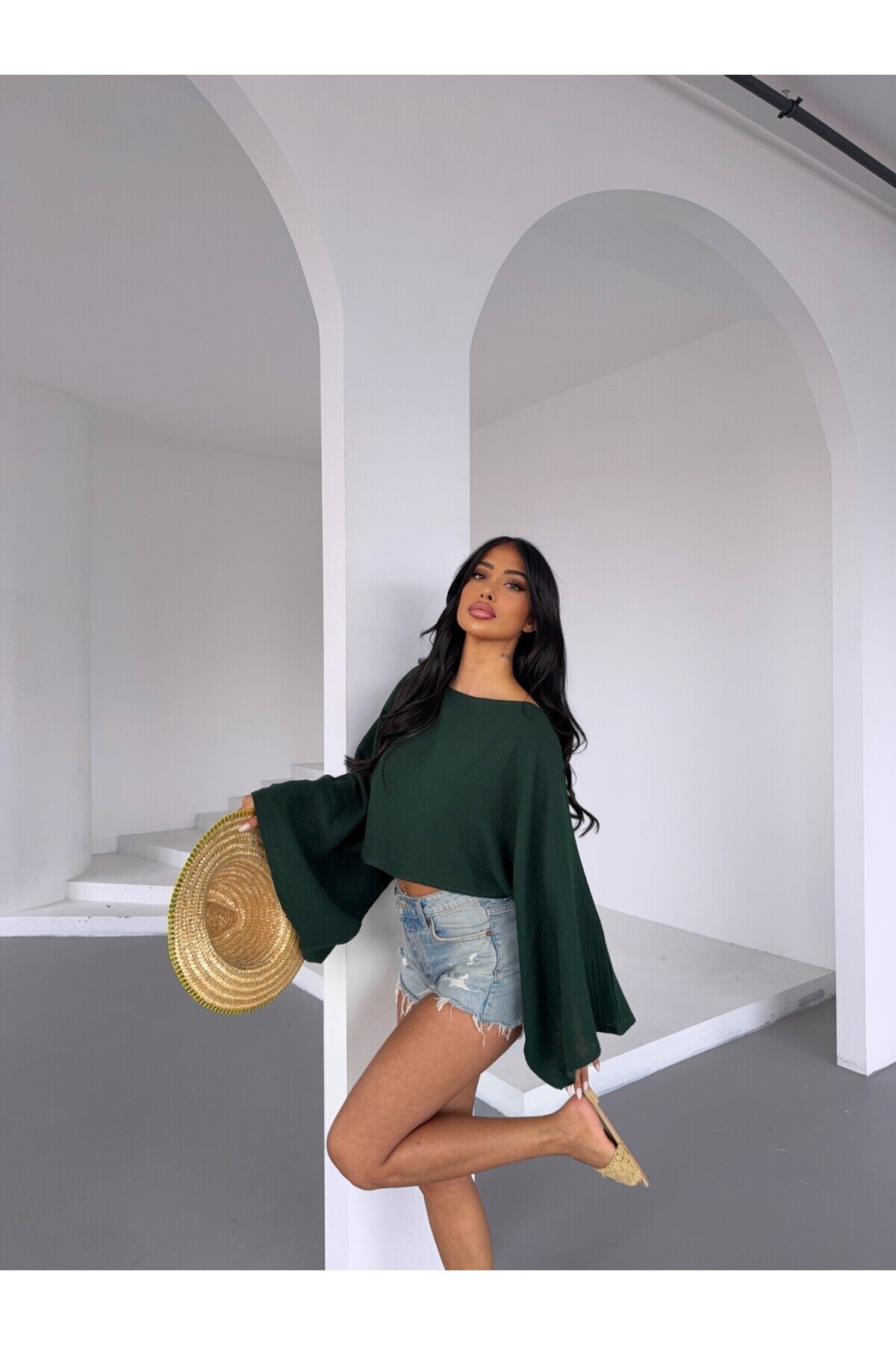 Müslin Keten Bluz Zümrüt