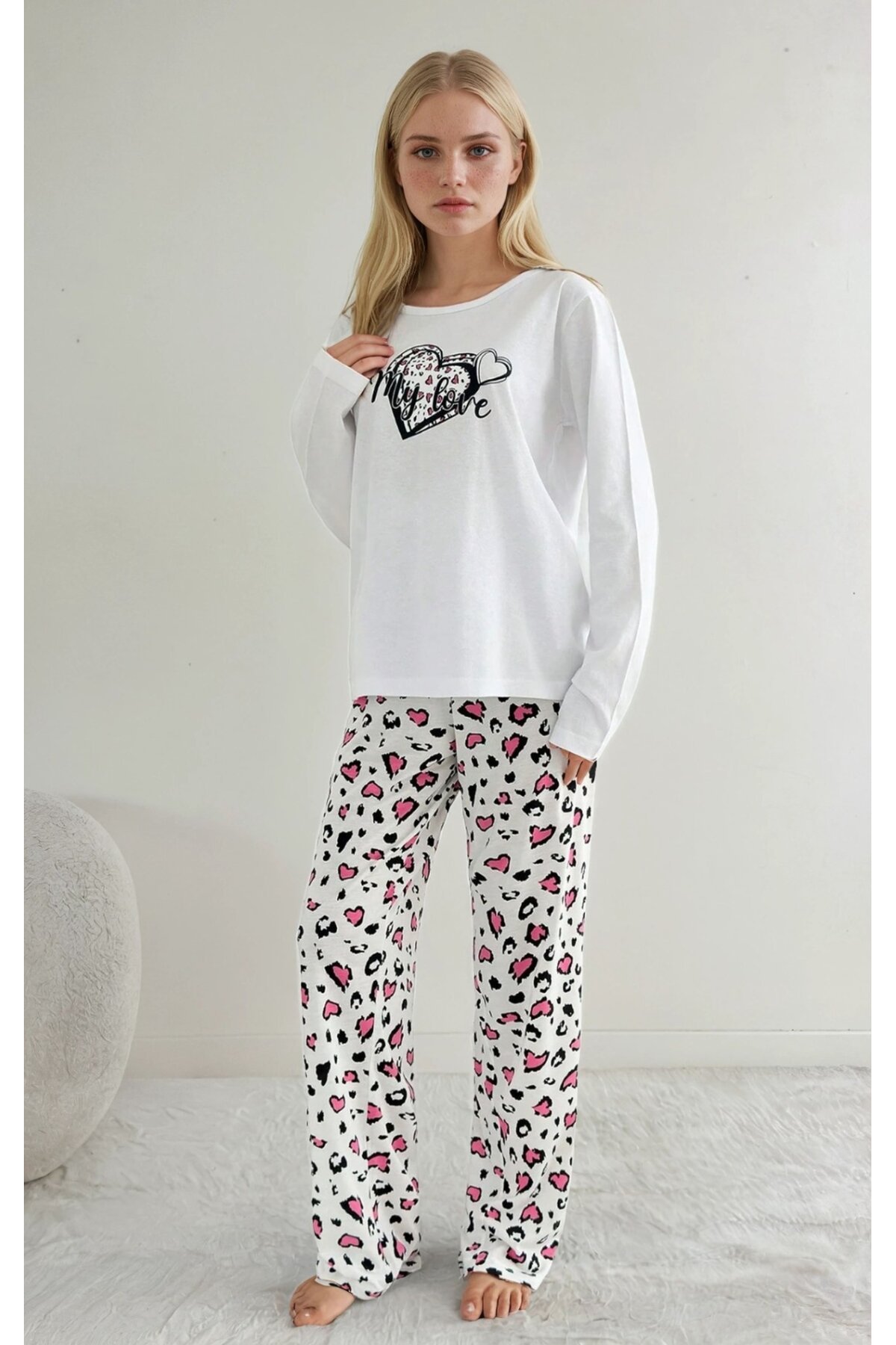 My Love Baskılı Kadın Pijama Takımı Kalp Desenli Leopar Alt