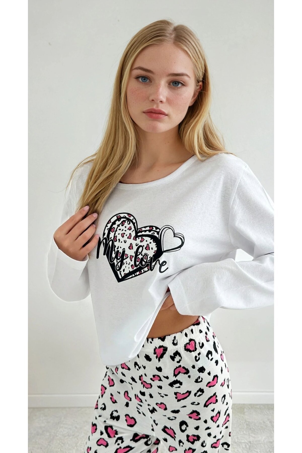 My Love Baskılı Kadın Pijama Takımı Kalp Desenli Leopar Alt