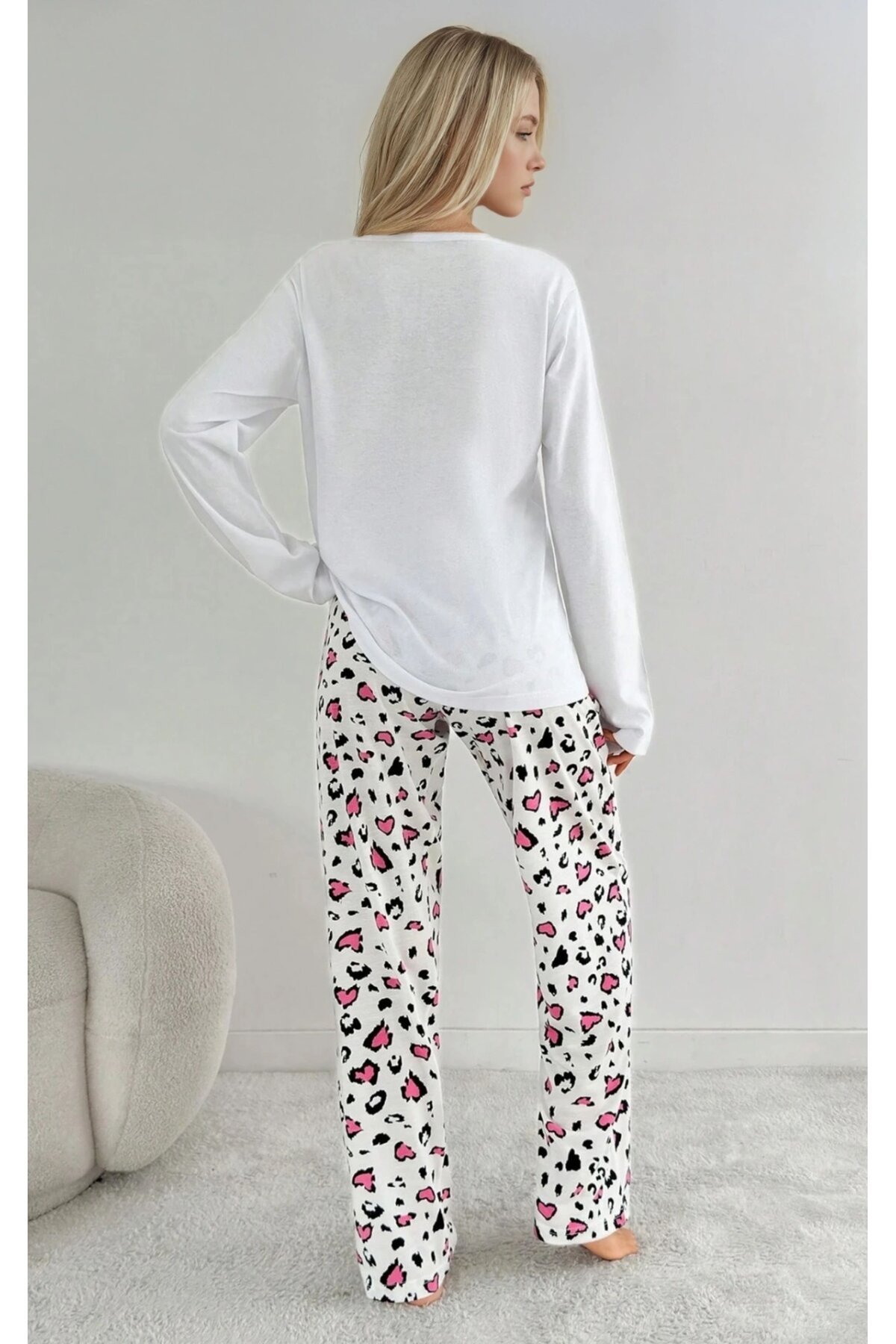 My Love Baskılı Kadın Pijama Takımı Kalp Desenli Leopar Alt
