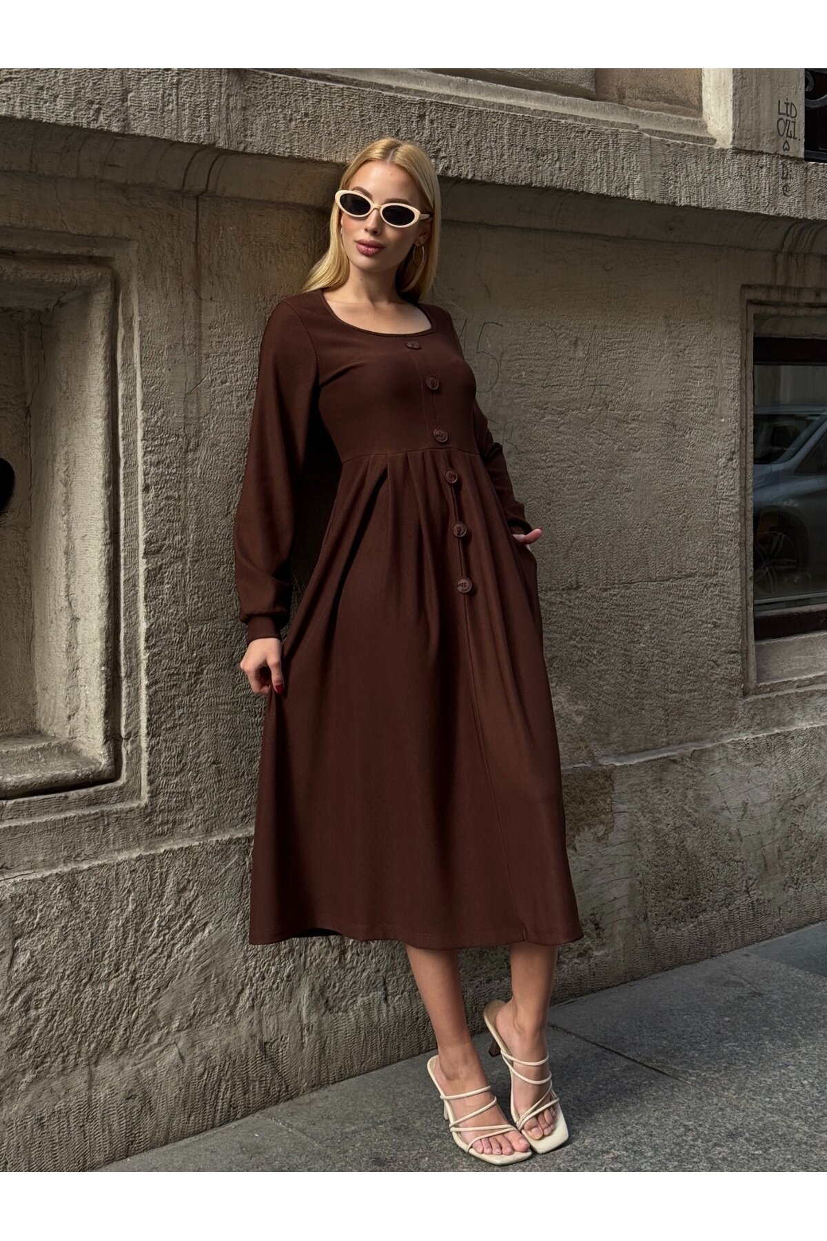 Ottoman Kumaş Düğme Detay Elbise Kahve