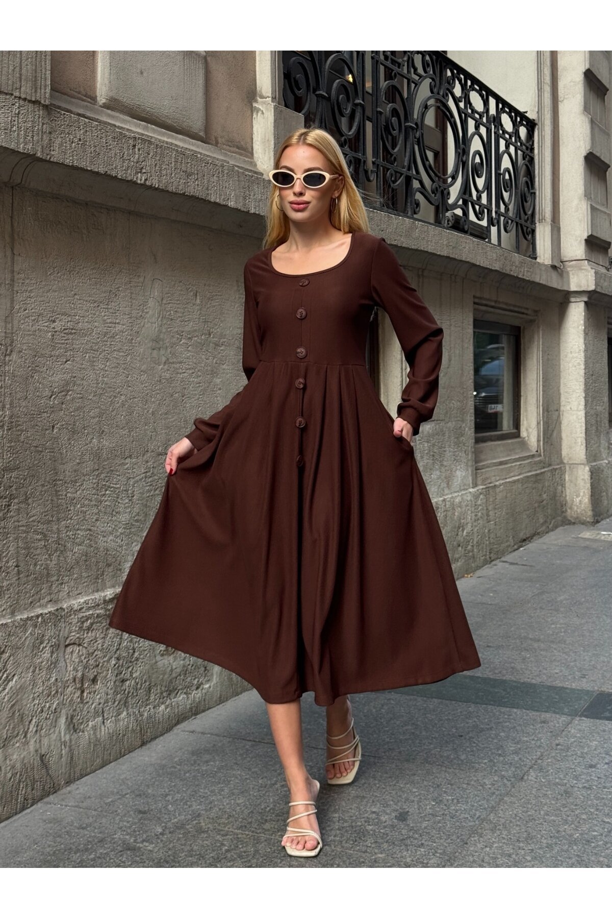 Ottoman Kumaş Düğme Detay Elbise Kahve
