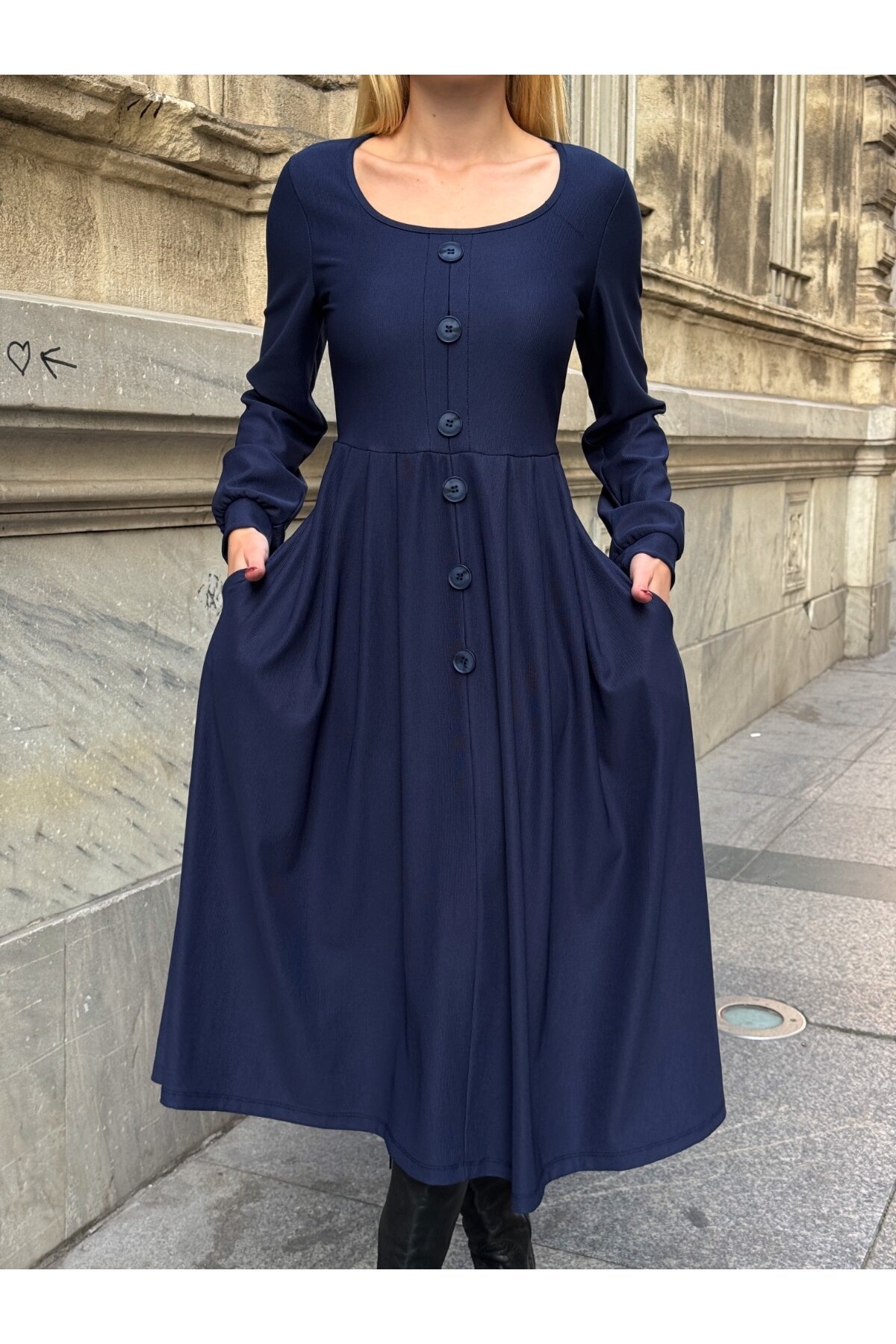 Ottoman Kumaş Düğme Detay Elbise Lacivert