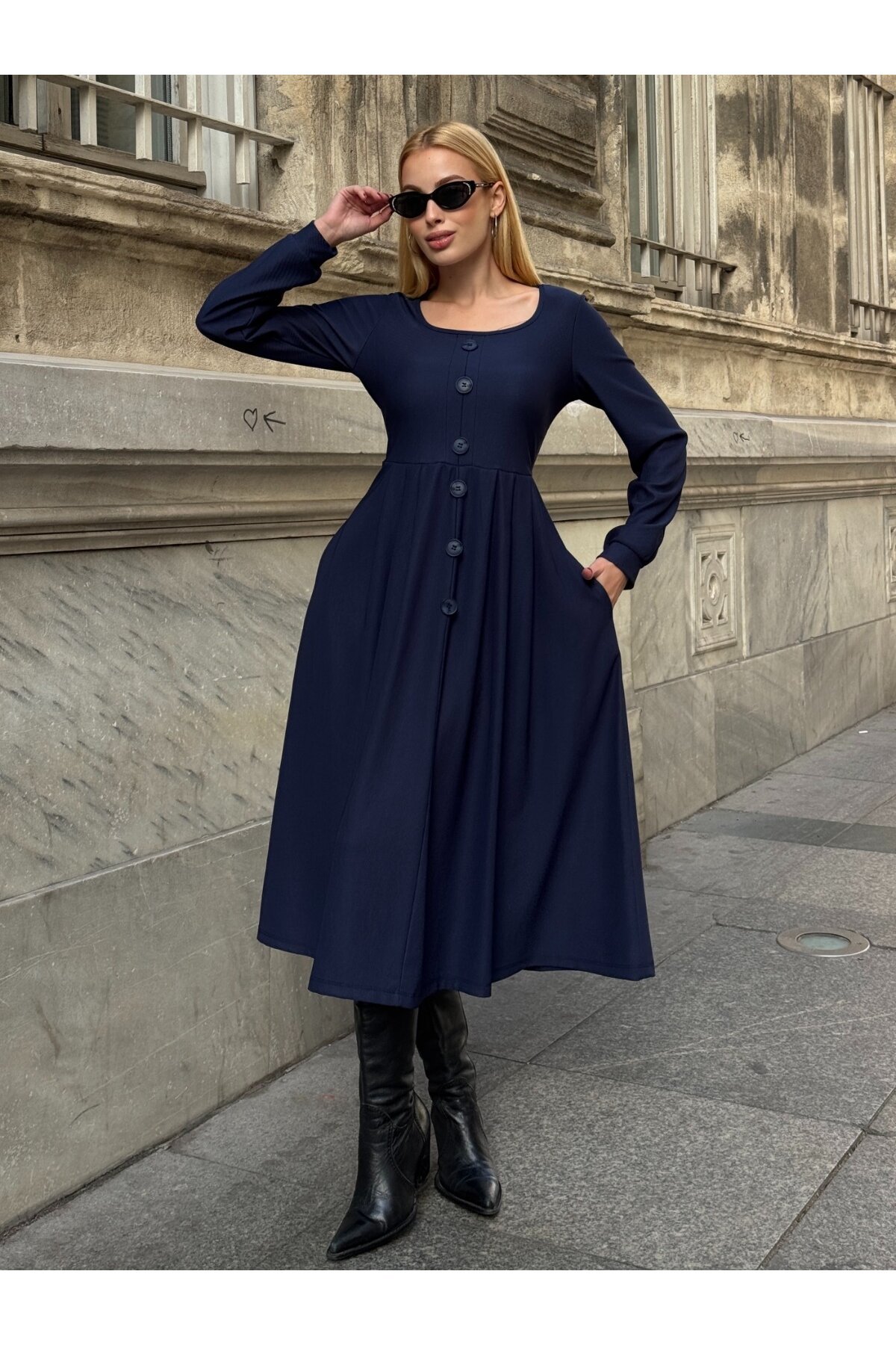 Ottoman Kumaş Düğme Detay Elbise Lacivert