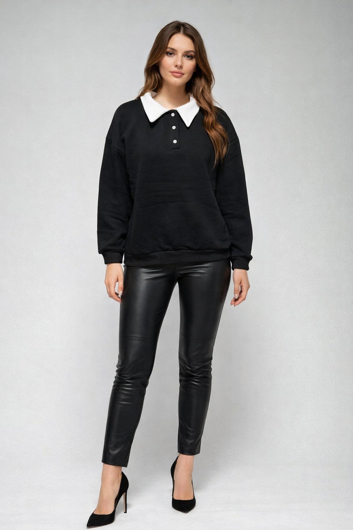 Polo Yaka Siyah Sweatshirt