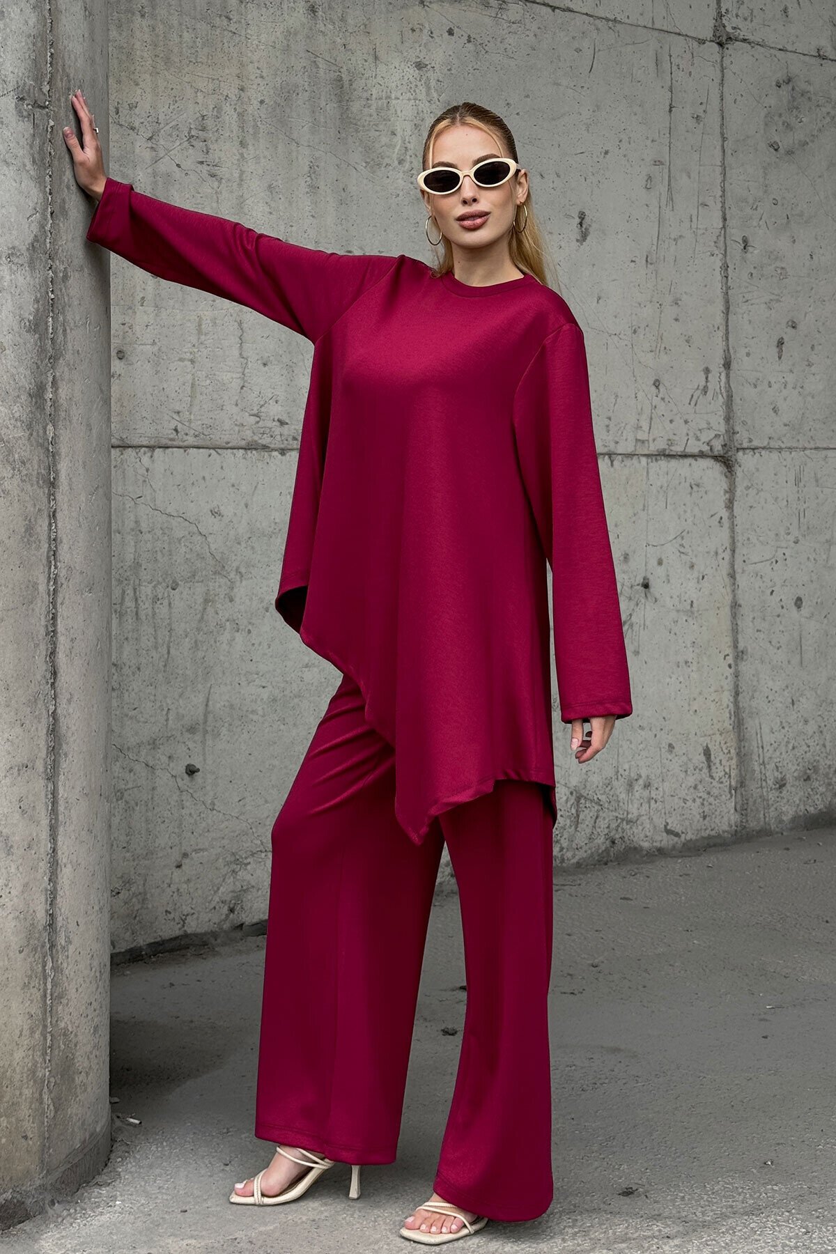 Rahat Kalıp Asimetrik Bluz Ve Pantolon Modal Kumaş Takım Bordo