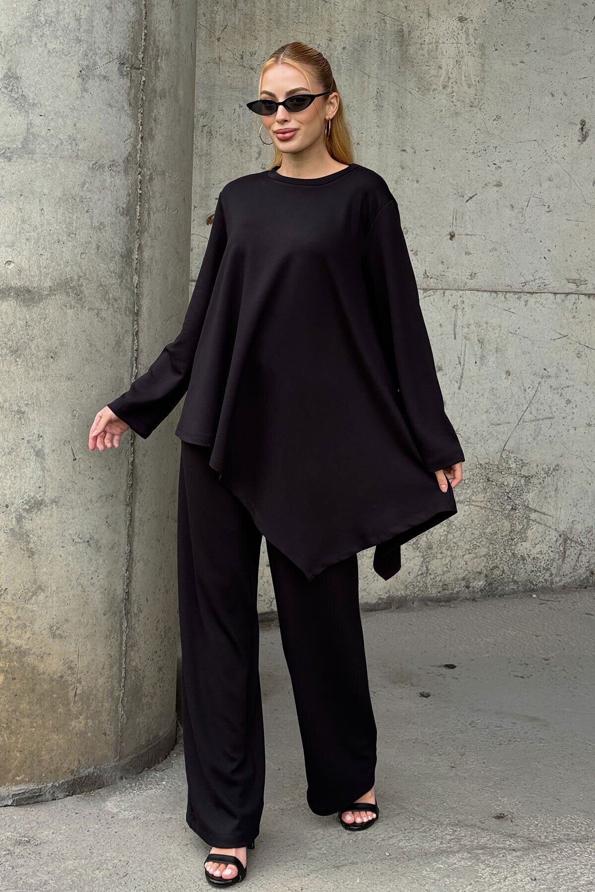 Rahat Kalıp Asimetrik Bluz Ve Pantolon Modal Kumaş Takım Siyah