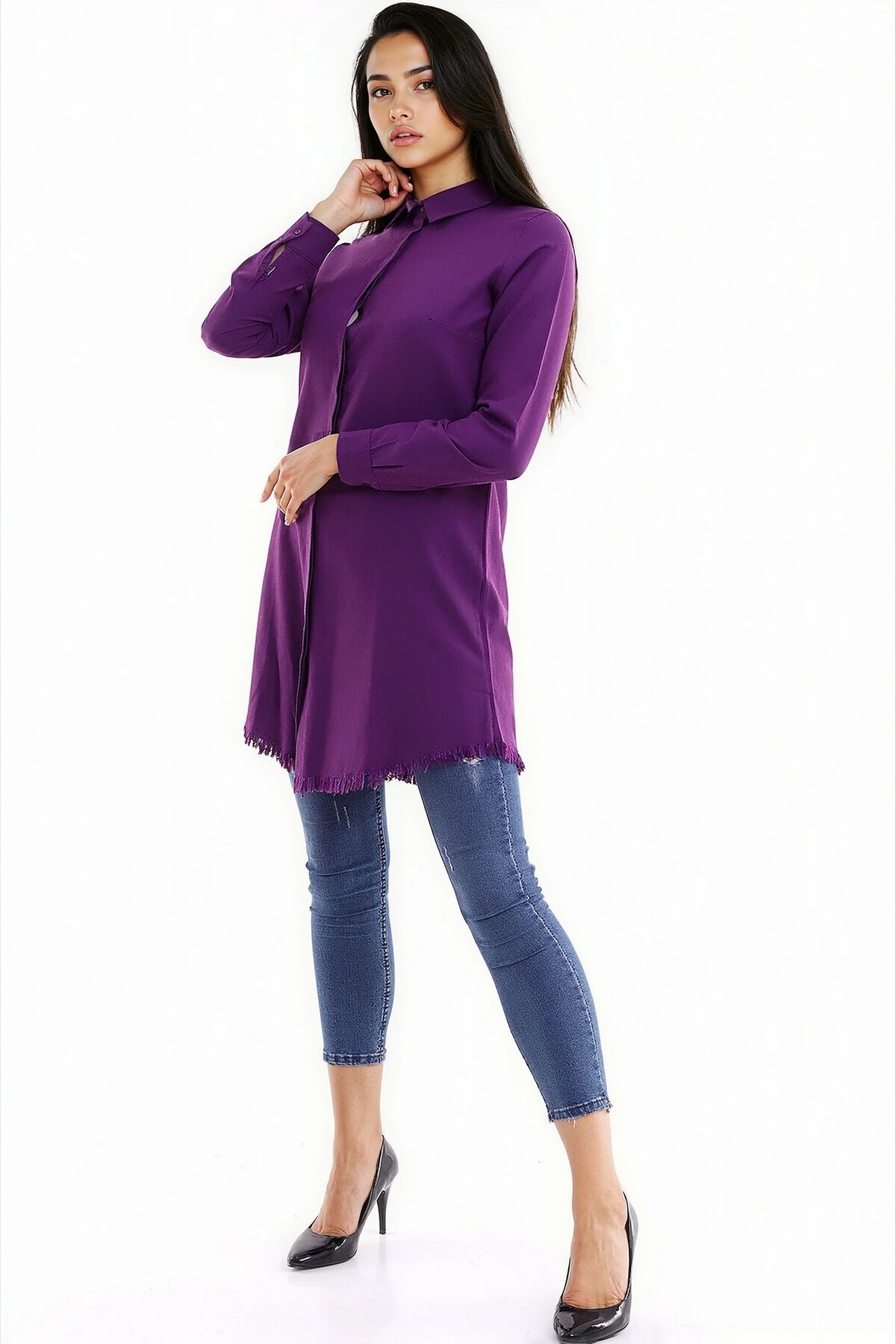 Şamre Eteği Püsküllü Uzun Gömlek Mürdüm