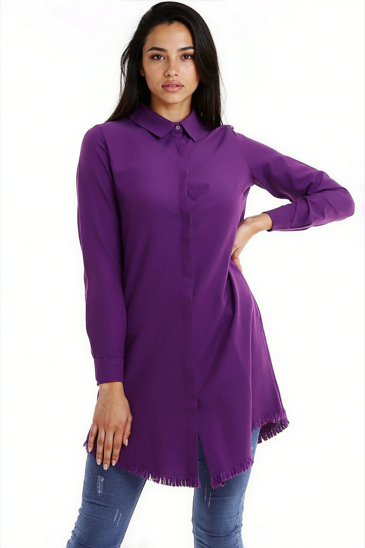 Şamre Eteği Püsküllü Uzun Gömlek Mürdüm