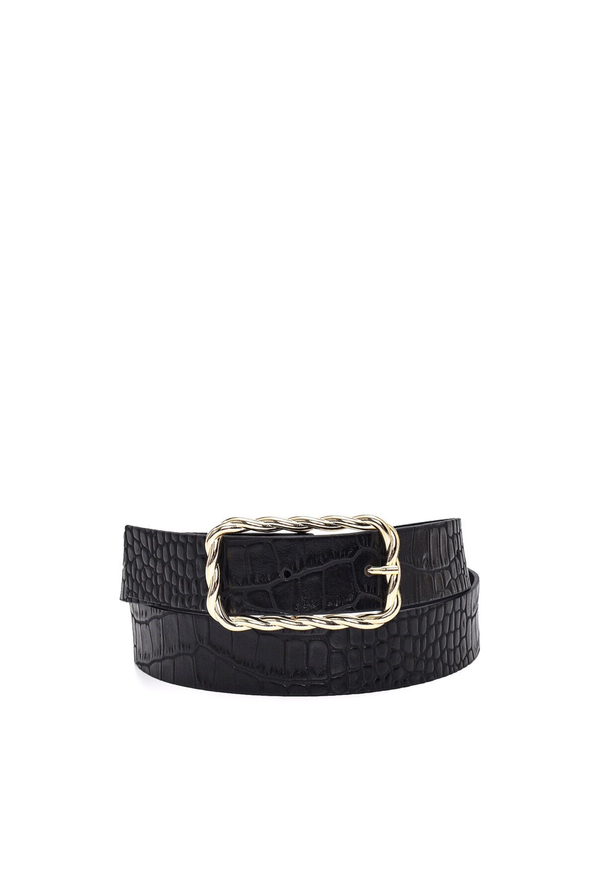 Siyah-Bej 2li Kabartma Tokalı Deri Görünümlü Kadın Kemer