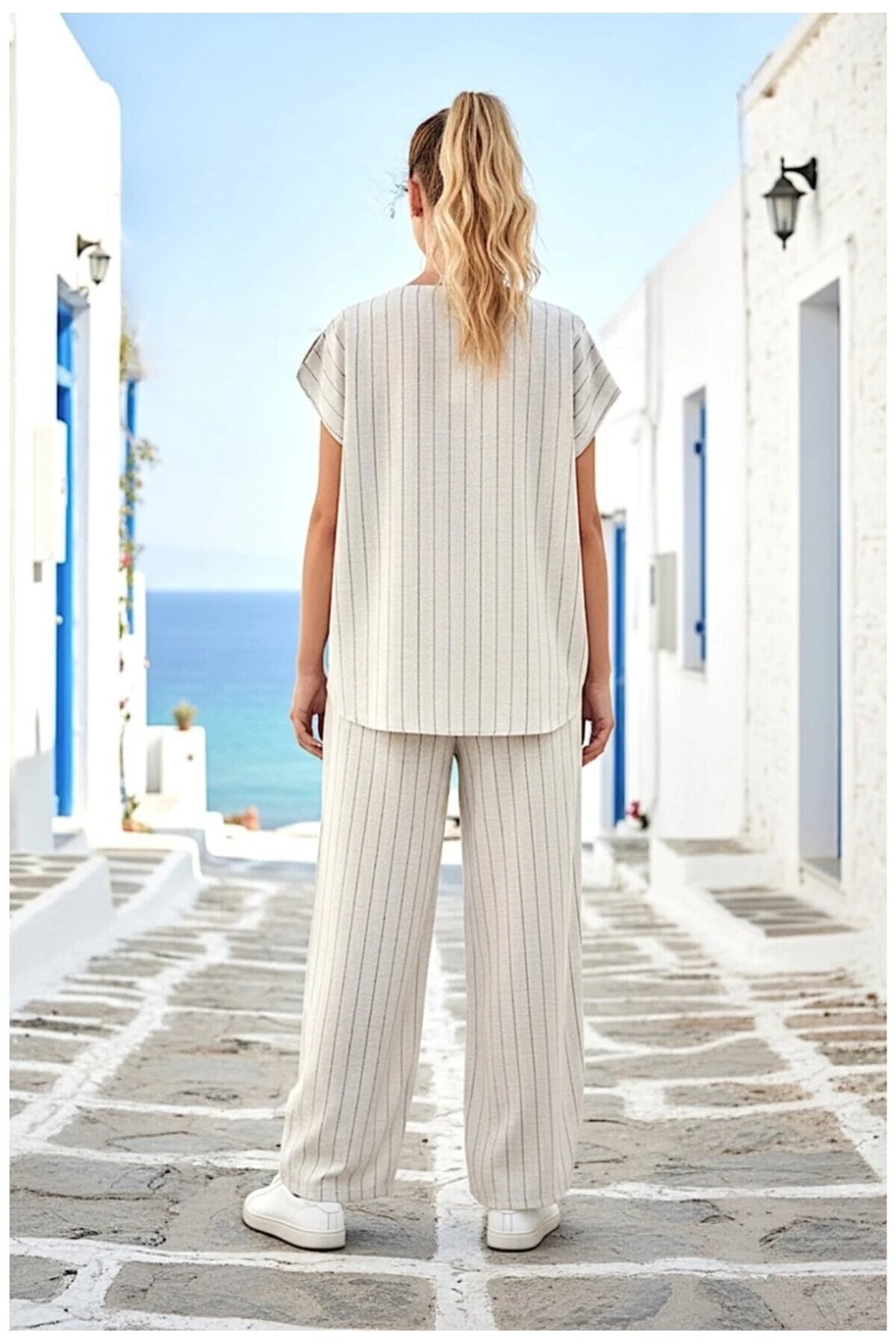 Siyah Çizgili Keten Alt Üst Takım