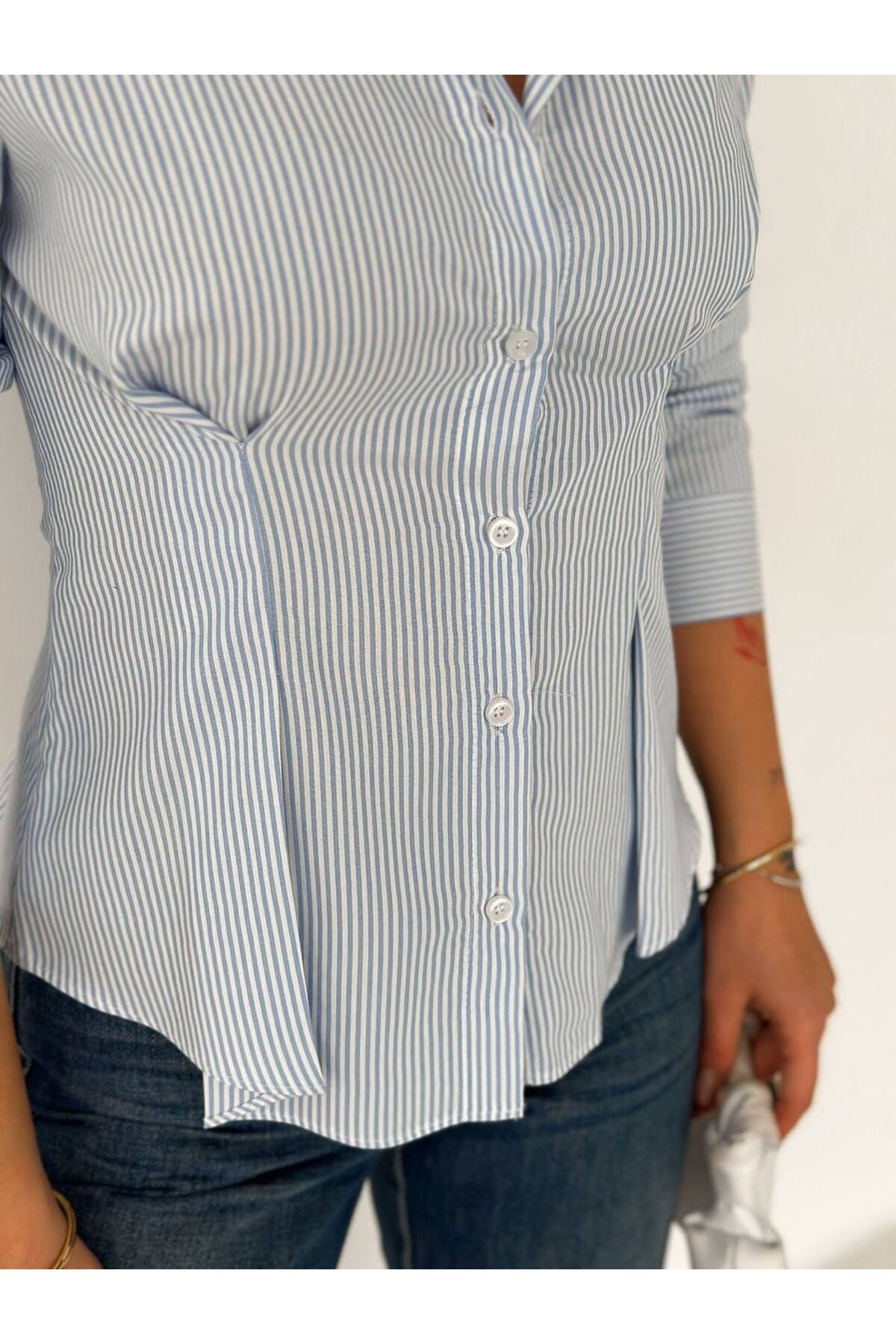 Slim Fit Düğmeli Pens Detay Çizgili Gömlek