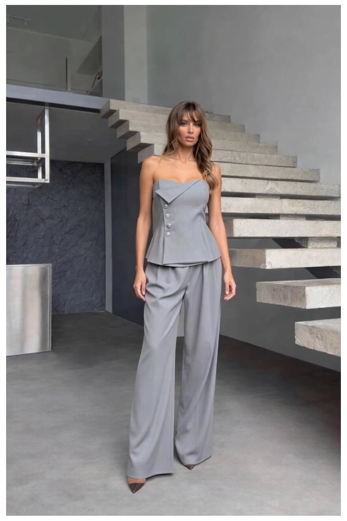 Straplez Bluz ve Pantalon Alt Üst Takım Gri