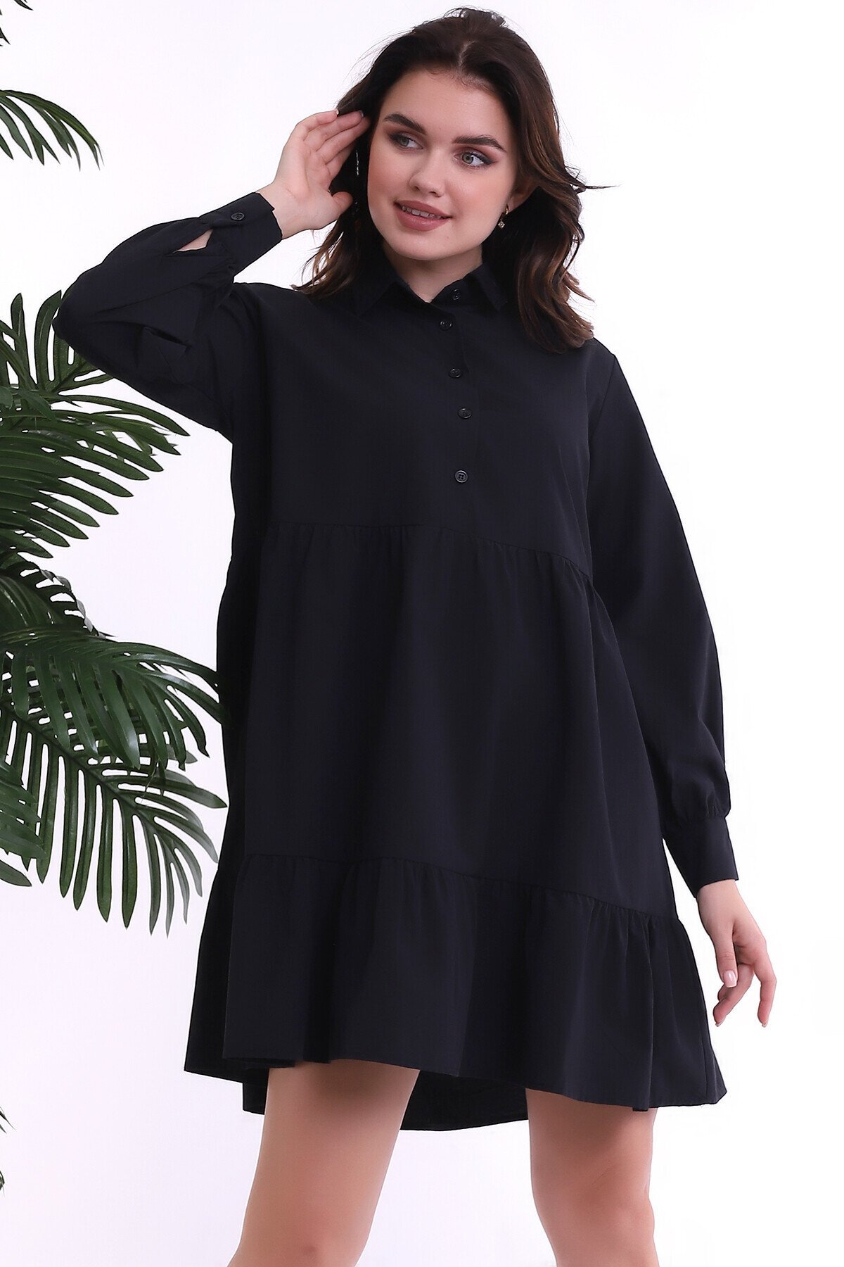 TerryCotton Gömlek Yaka Patlı Katlı Uzun Kol Elbise SIYAH