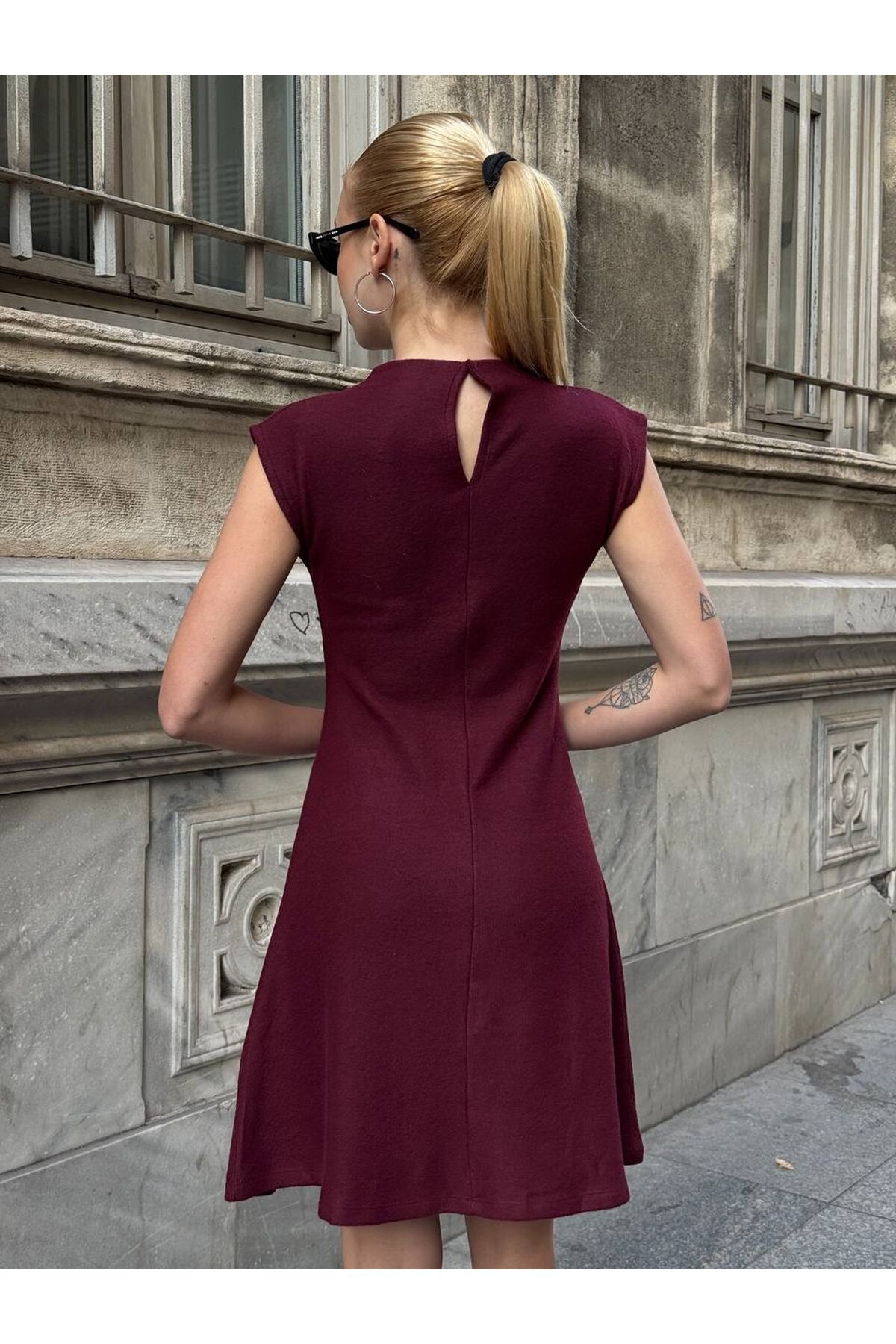 Triko Kumaş Kolsuz Elbise Bordo