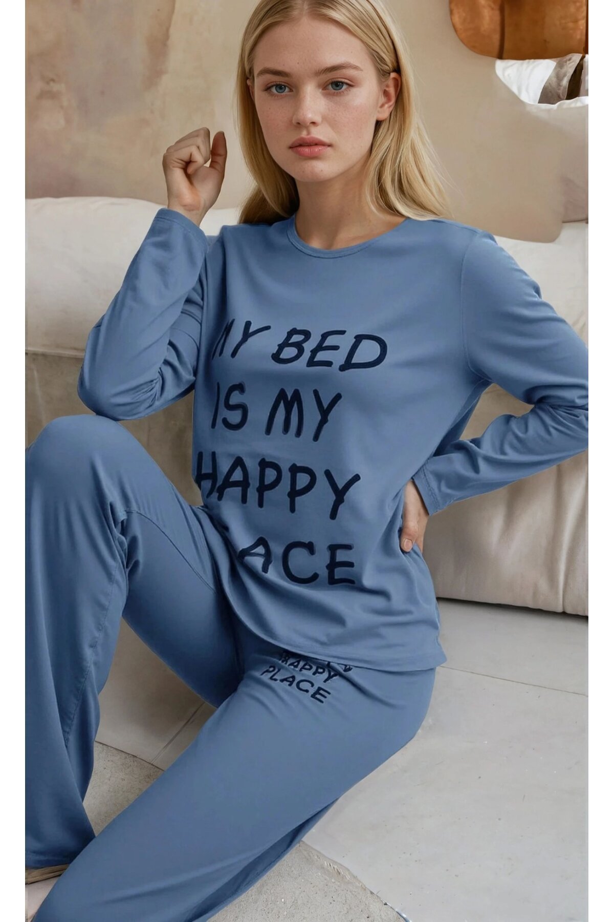 Uzun Kollu Bisiklet Yaka Baskılı Kadın Pijama Takımı