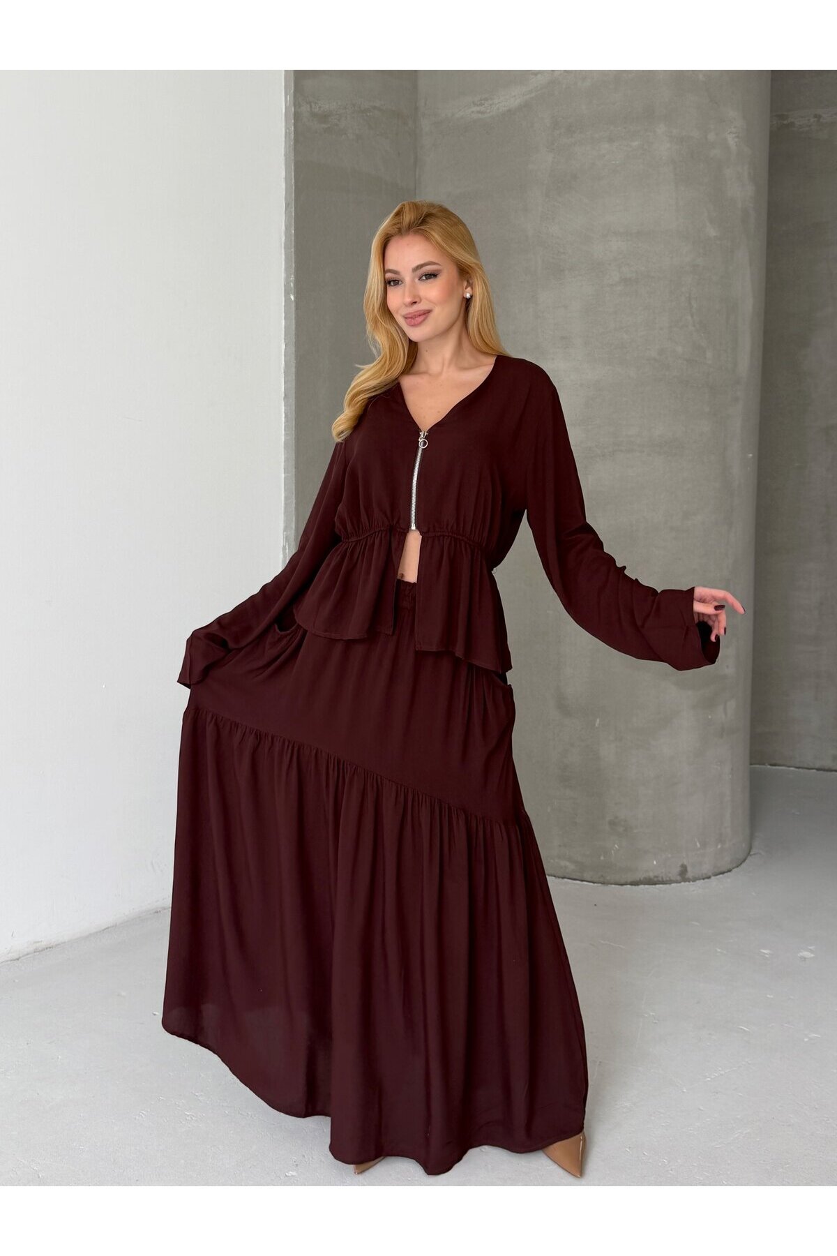 Viskon Kumaş Fermuar Detaylı Alt Üst Takım Kahve