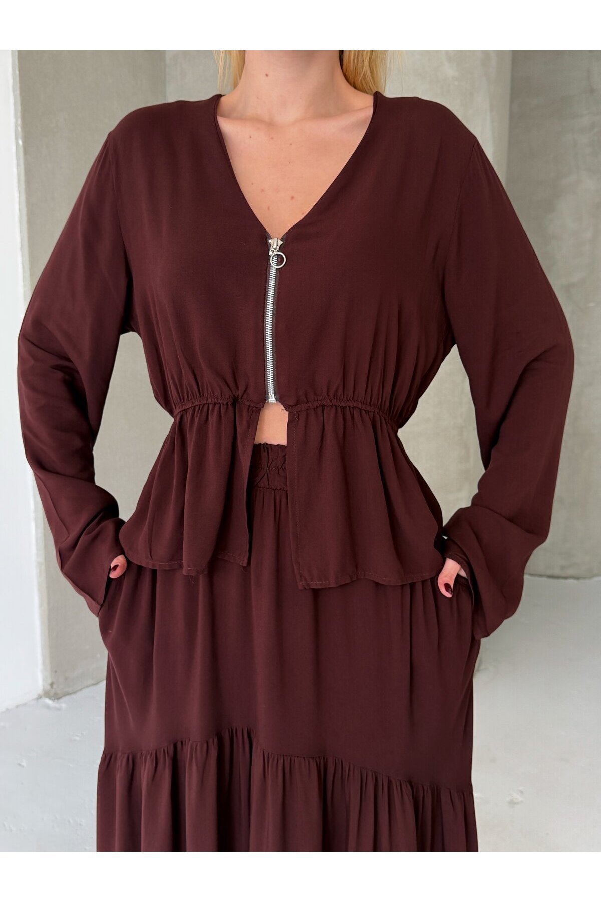 Viskon Kumaş Fermuar Detaylı Alt Üst Takım Kahve