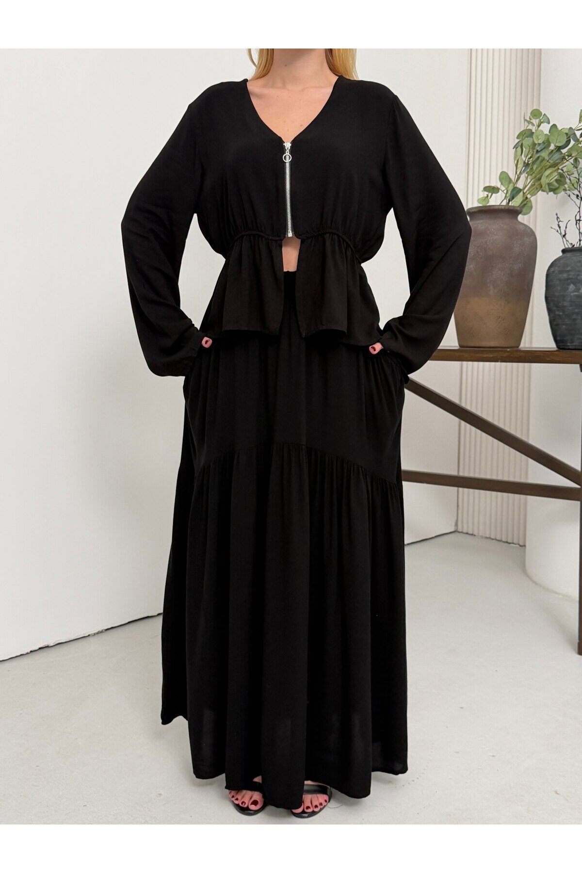 Viskon Kumaş Fermuar Detaylı Alt Üst Takım Siyah