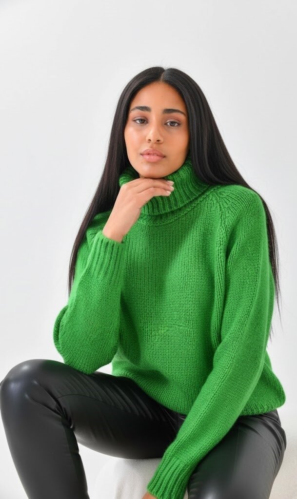 Yeşil Balıkçı Yaka Oversize Triko Kazak