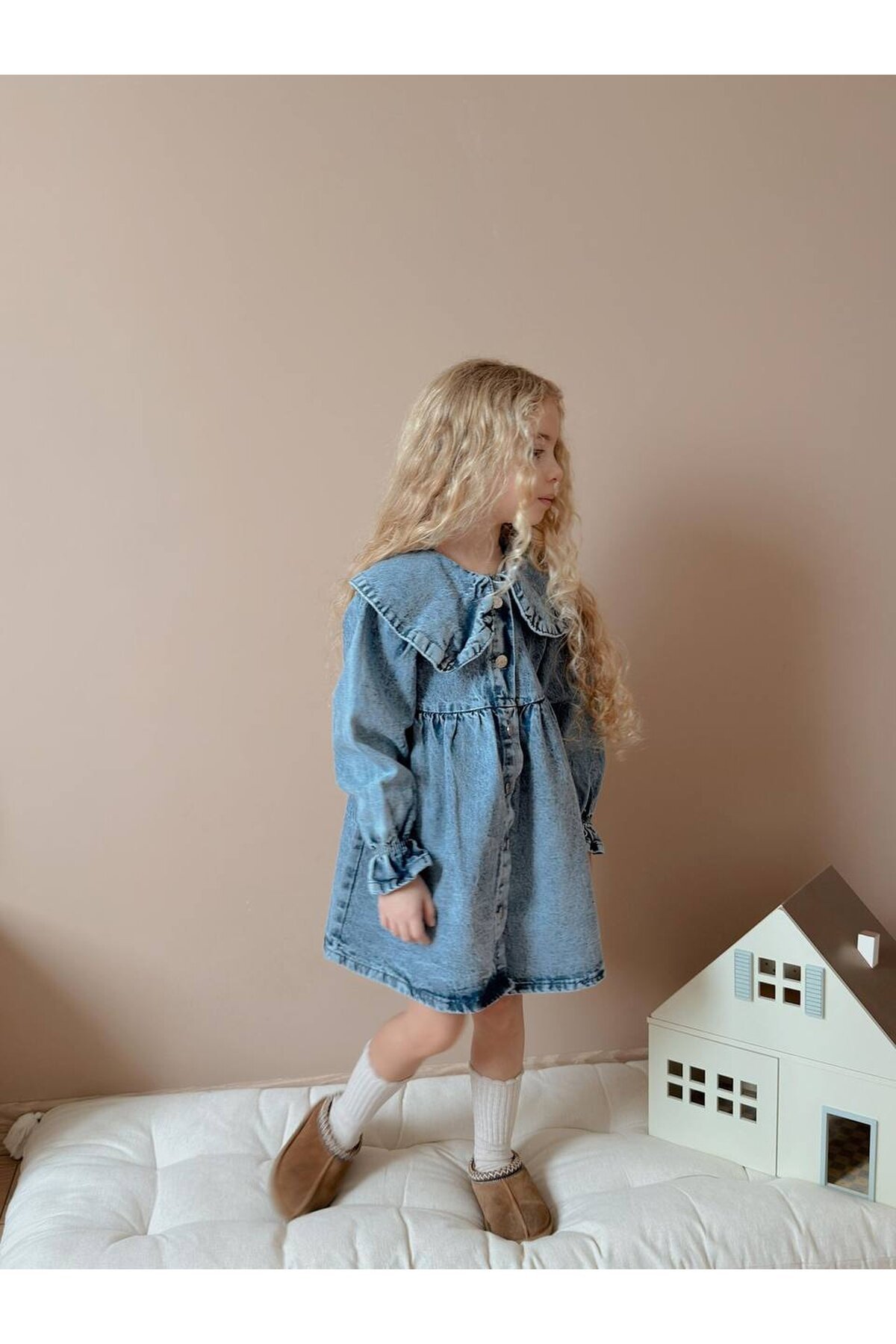 Yıkamalı Yaka Detay Kız Çocuk Elbise
