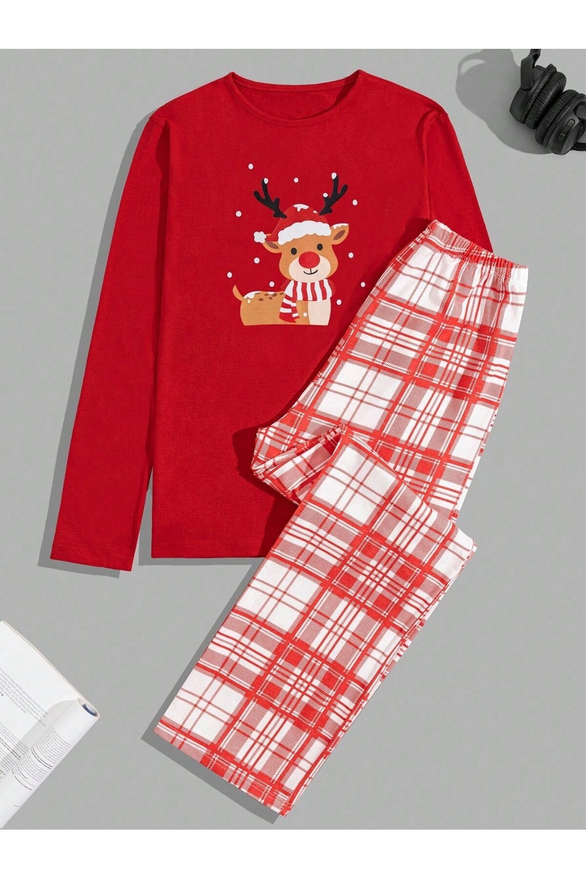 Yılbaşı Temalı Geyik Baskılı Ekose Alt Üst Uzun Kollu Pijama Takımı