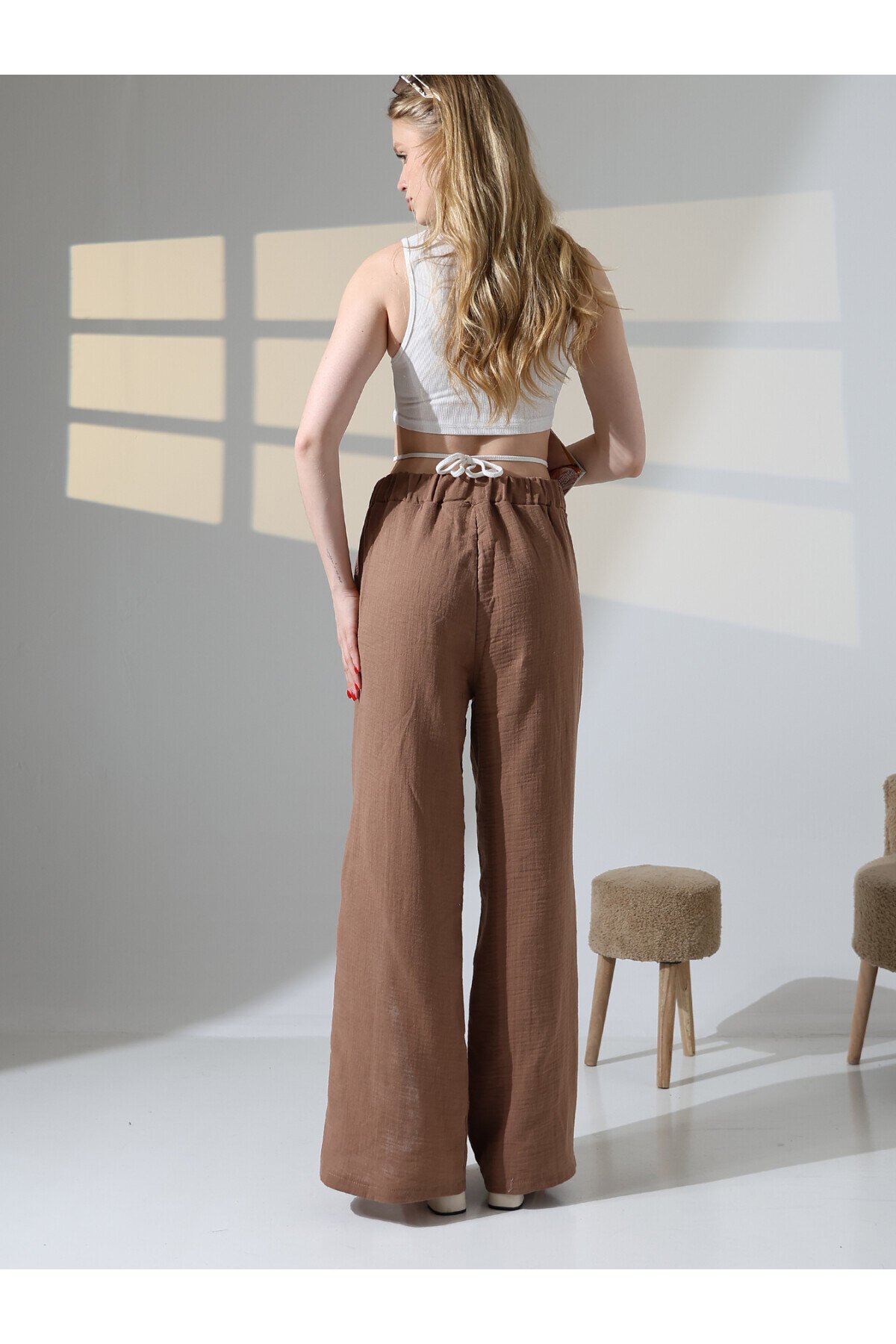 Yırtmaçlı Müslin Pantalon Kahve