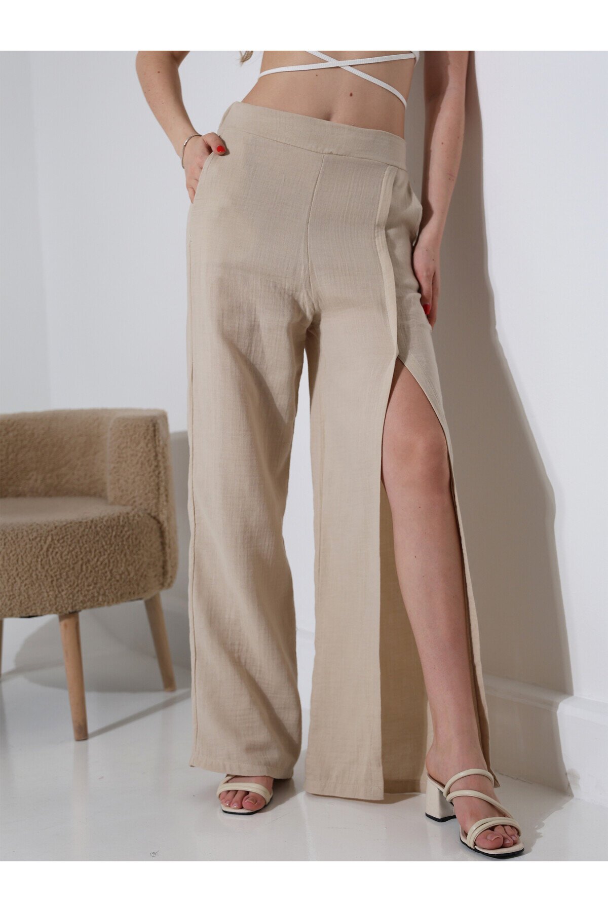 Yırtmaçlı Müslin Pantolon Bej