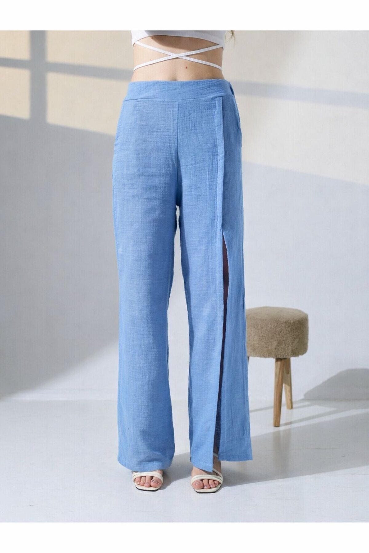 Yırtmaçlı Müslin Pantolon Mavi