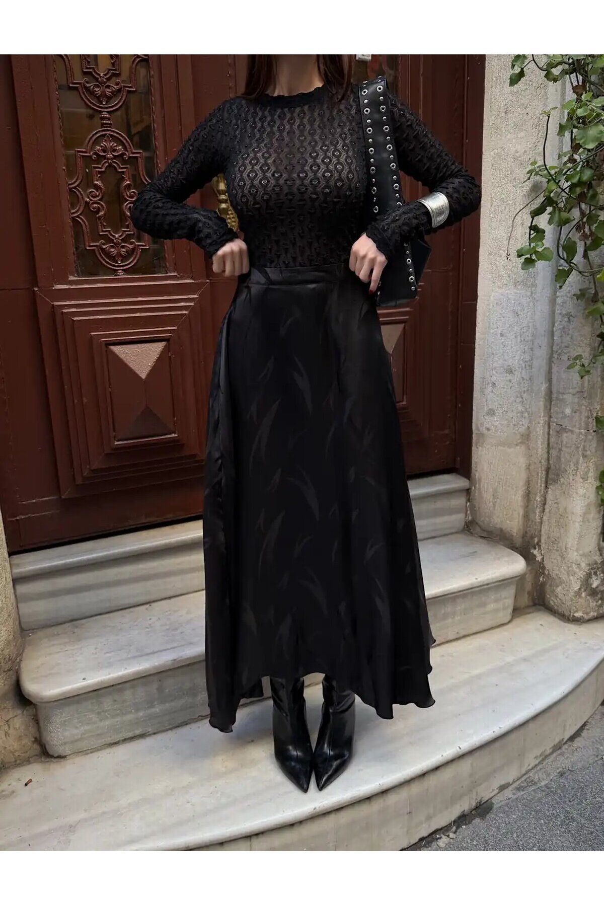 Yüksek Bel Desenli Saten Etek