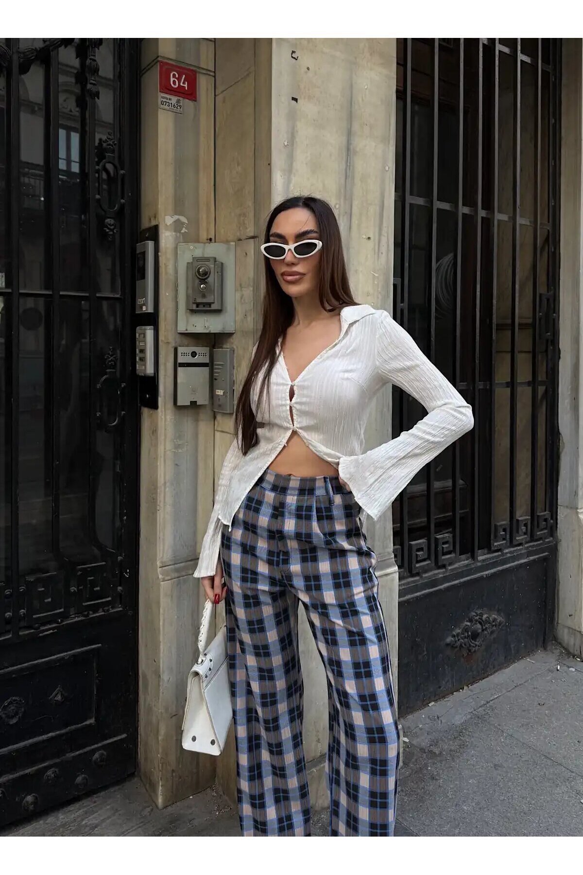 Yüksek Bel İspanyol Paça Ekose Pantolon