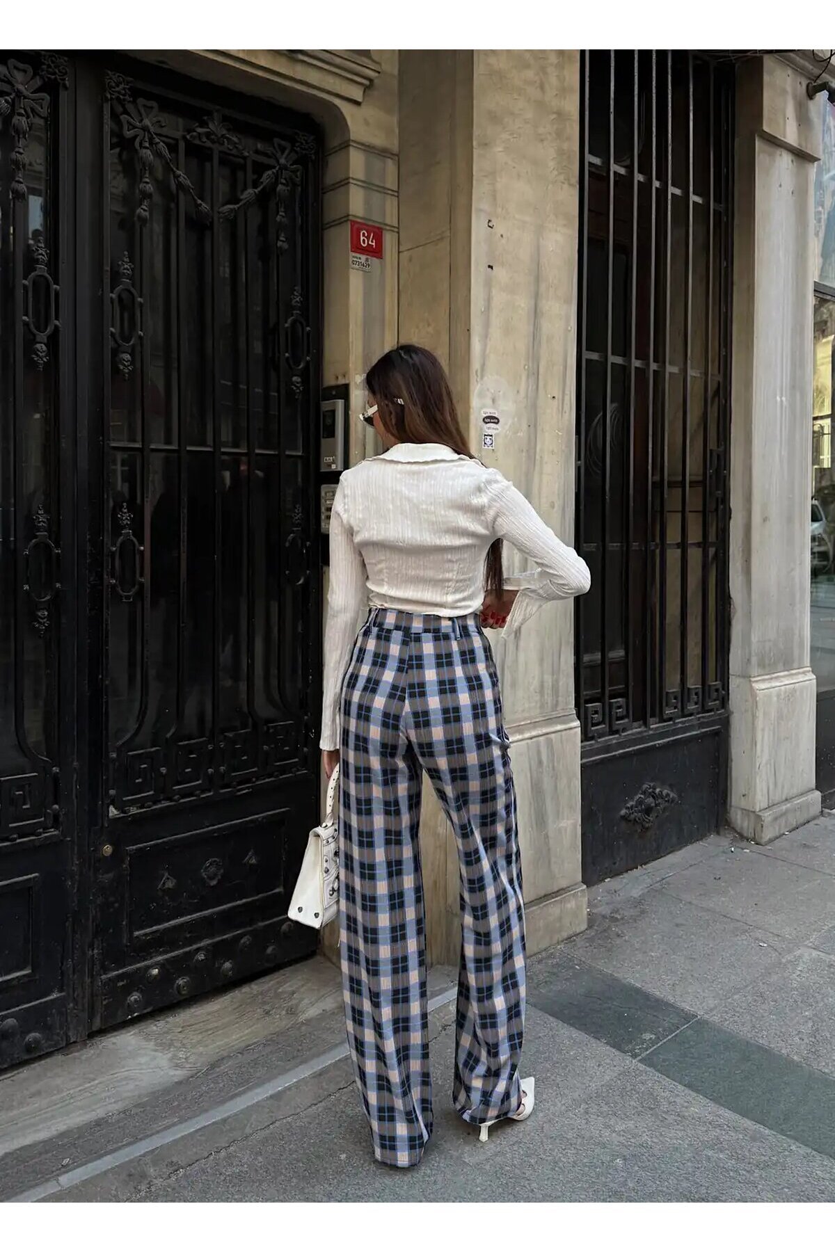 Yüksek Bel İspanyol Paça Ekose Pantolon