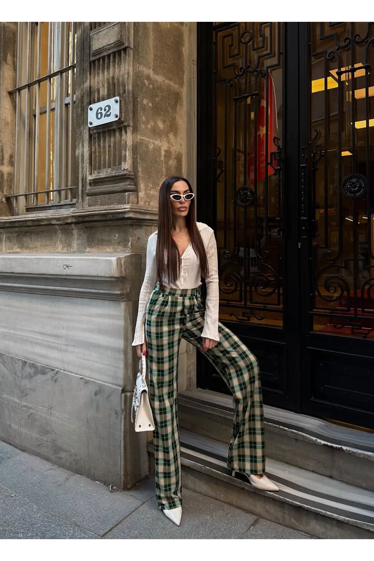 Yüksek Bel İspanyol Paça Ekose Pantolon