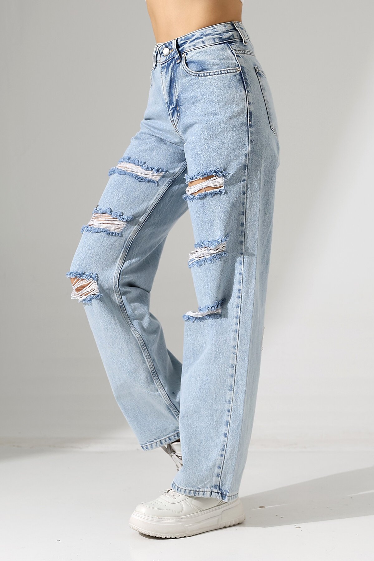 Yüksek Bel Yırtık Detaylı Mom Jean