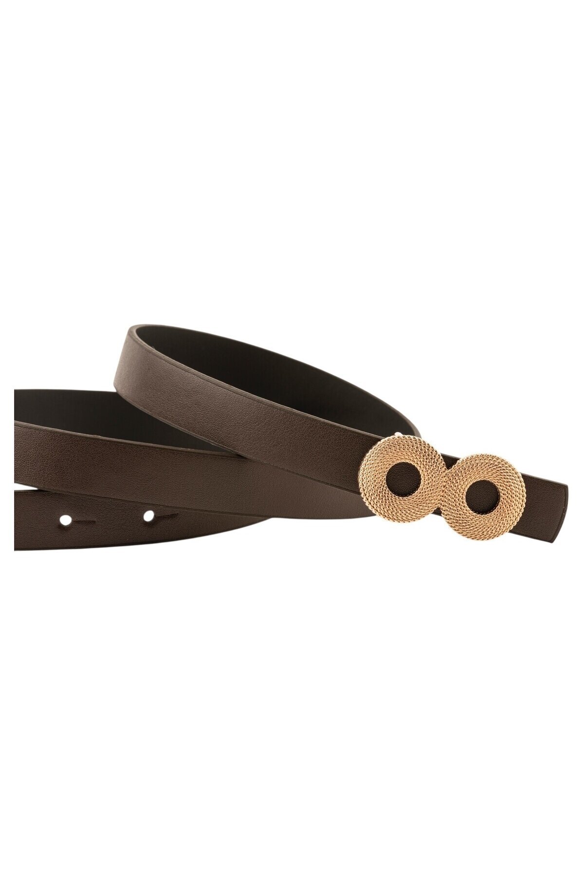 Zincir Desenli Çift Halka Tokalı Deri Görünümlü İkili Set Kahverengi_Bej Kadın Kemeri