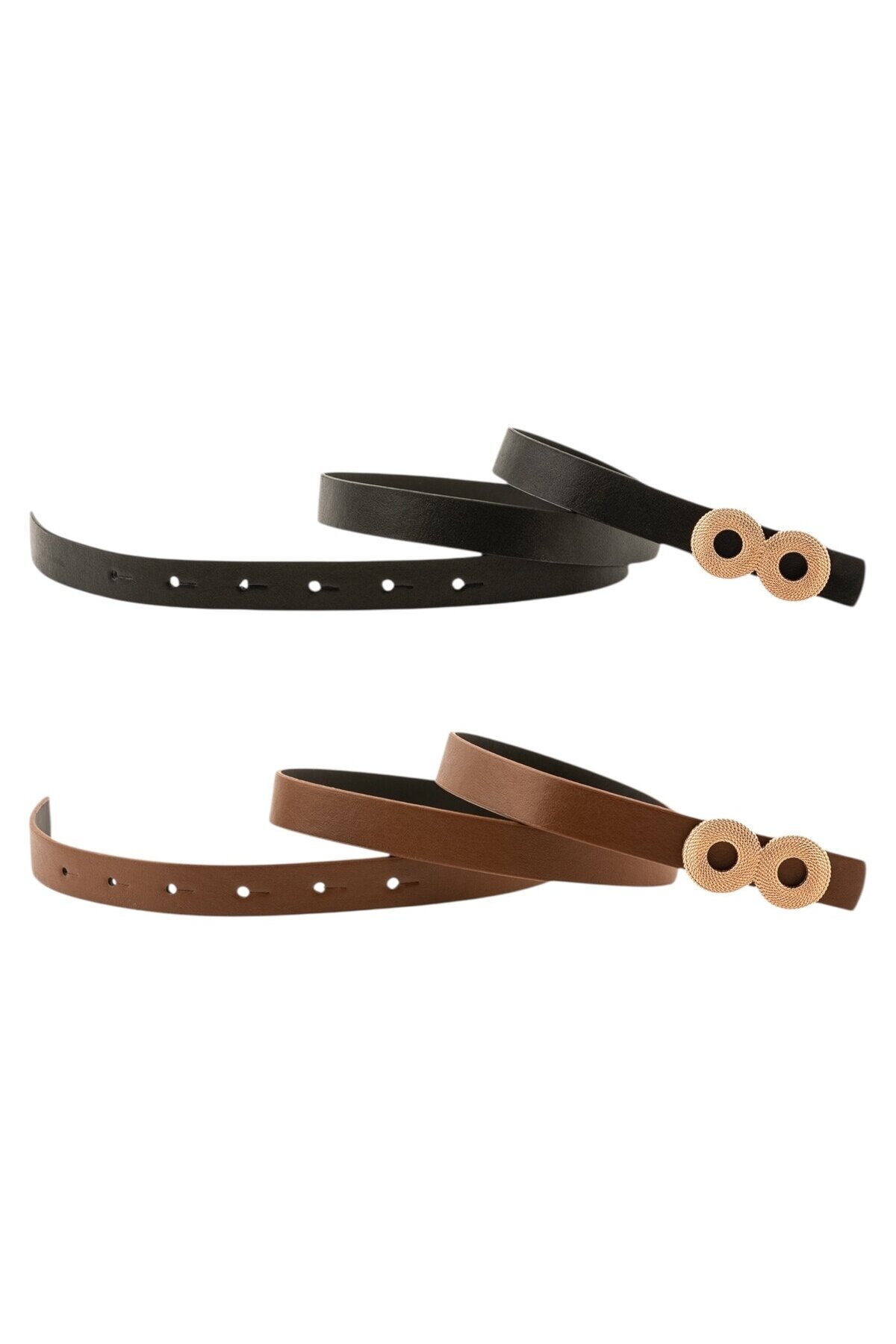 Zincir Desenli Çift Halka Tokalı İkili Set Siyah_Taba Kadın Kemeri