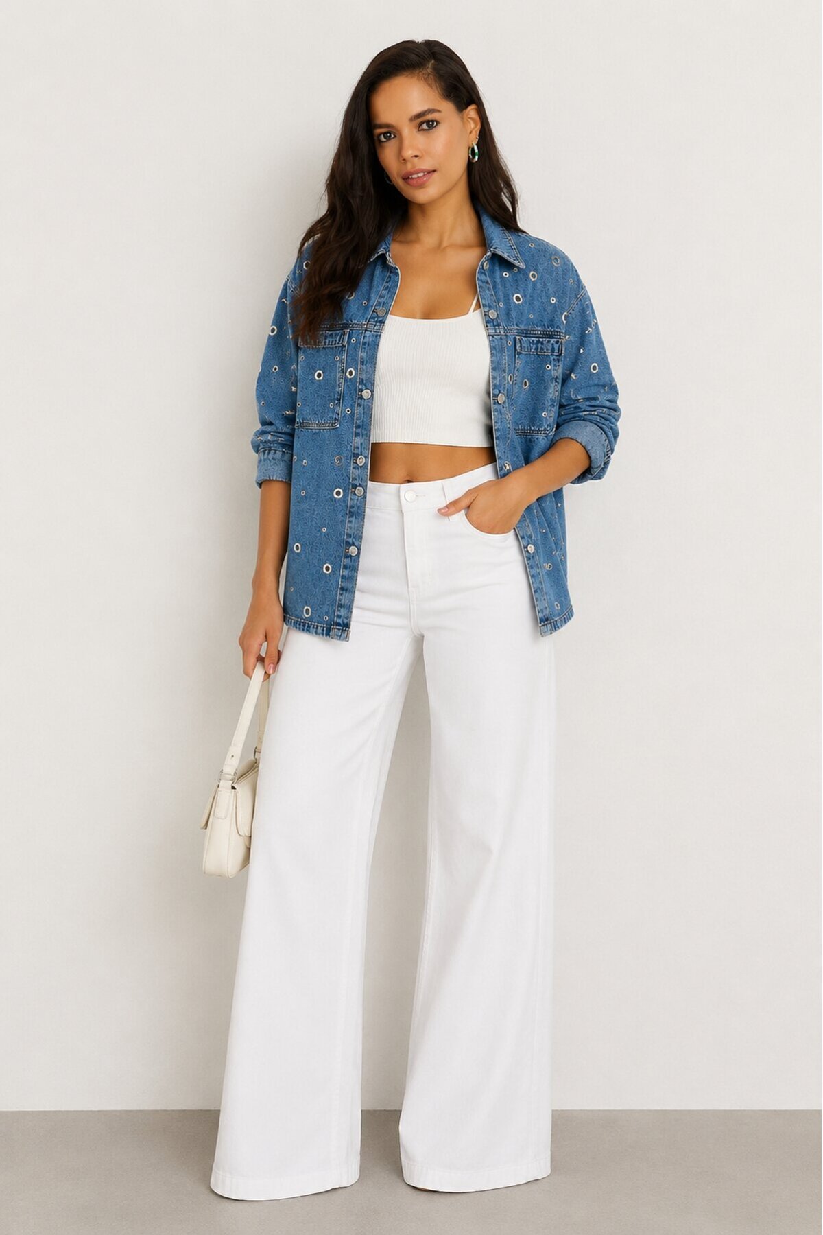 Kadın Mavi Kuş Gözü Detaylı Oversize Denim Jean Ceket