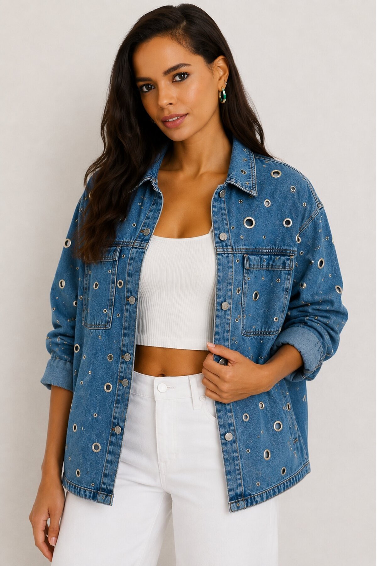 Kadın Mavi Kuş Gözü Detaylı Oversize Denim Jean Ceket
