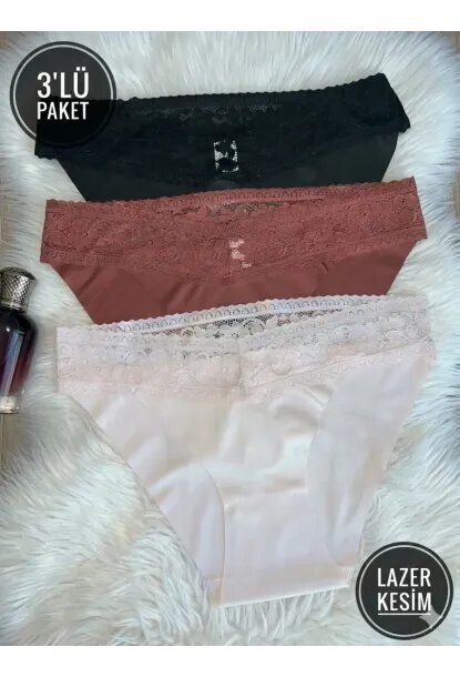3lü Pamuklu Dantelli Dikişsiz Külot