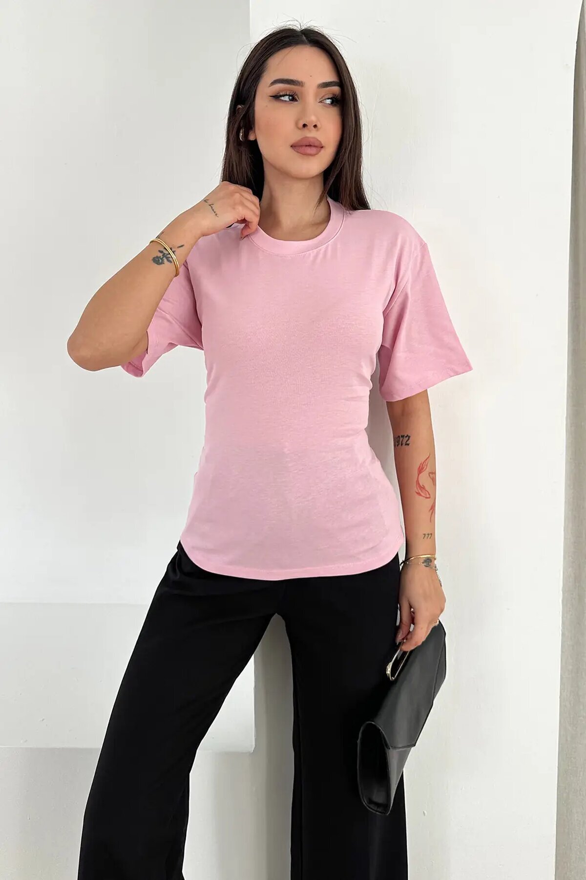 Bağlama Detaylı Kısa Kollu Tişört Pembe