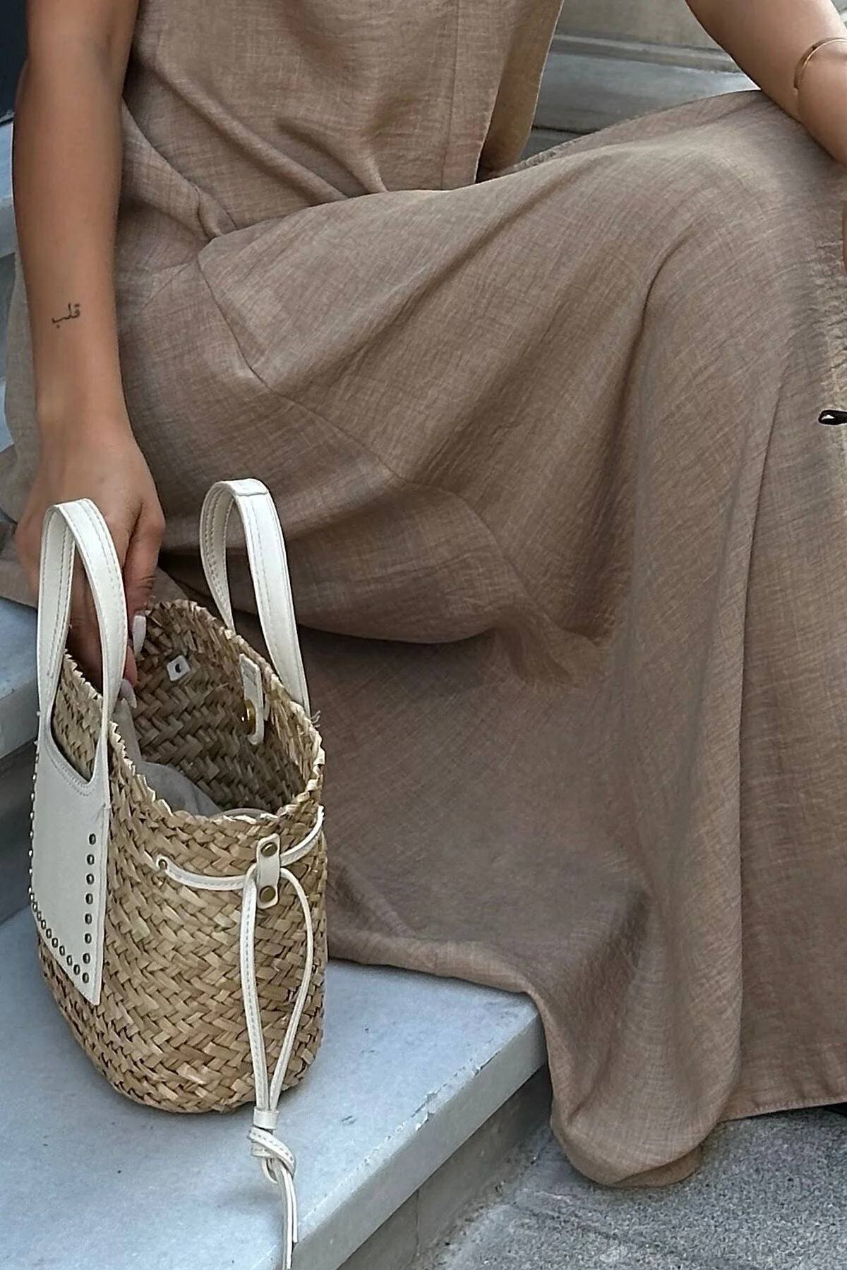 Bej Askılı Salaş Maxi Elbise