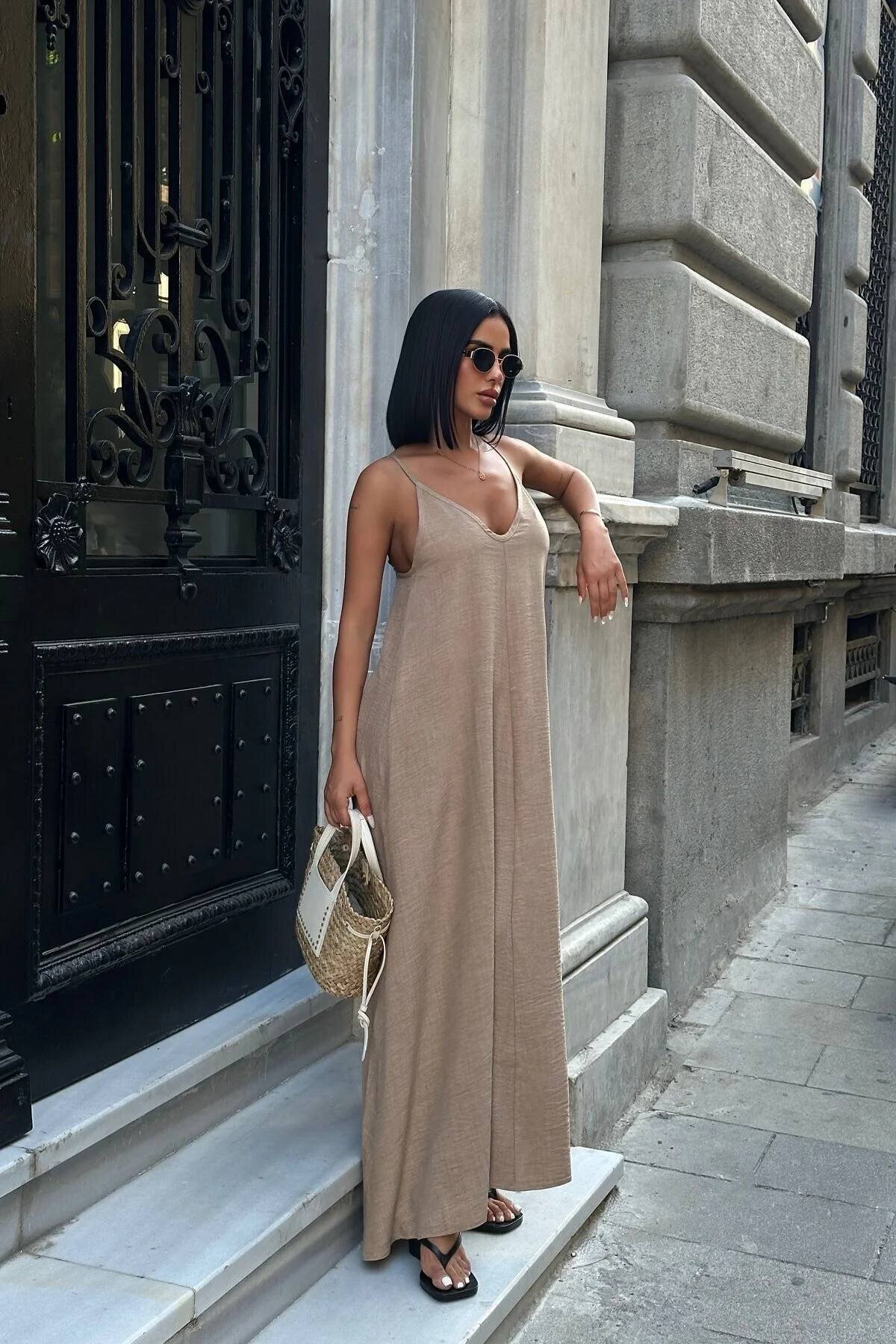 Bej Askılı Salaş Maxi Elbise