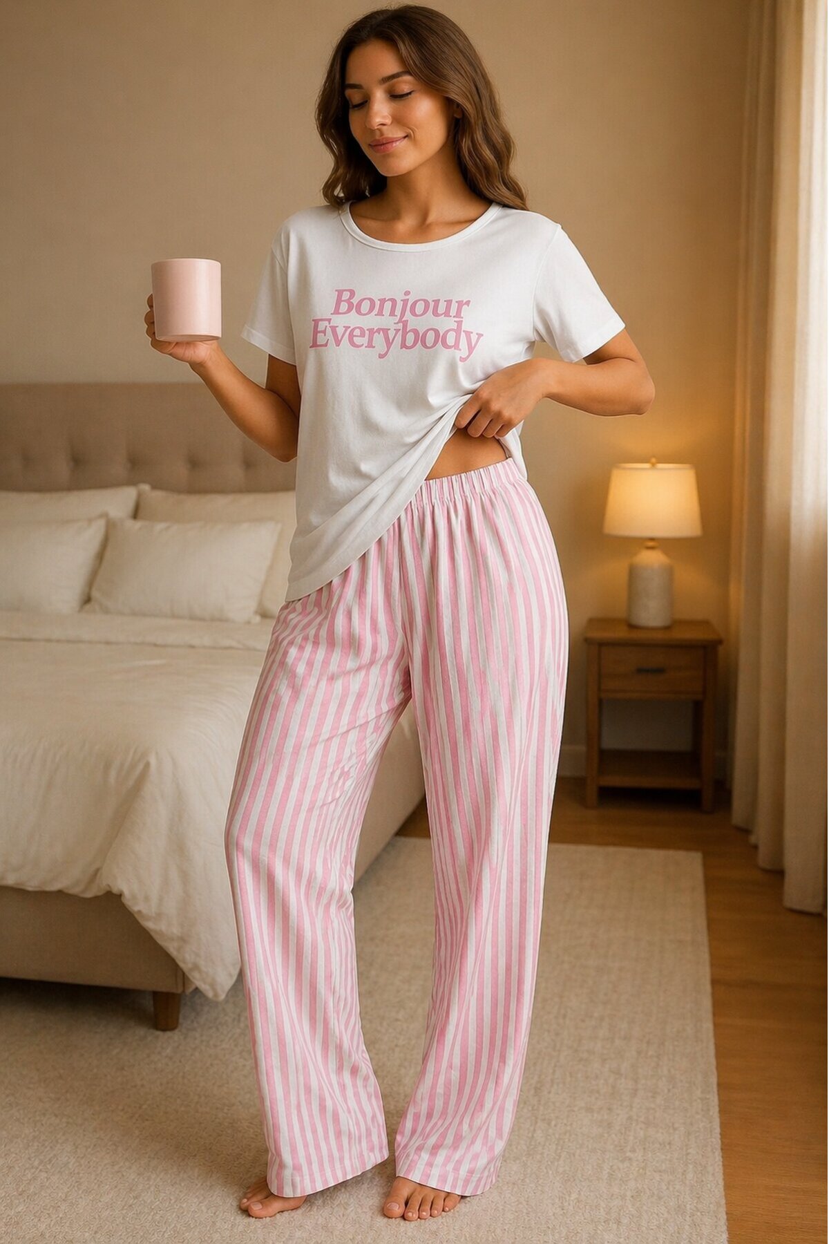 Bonjour Baskılı Kadın Uzun Pijama Takımı – Beyaz T-Shirt & Pembe Çizgili Alt