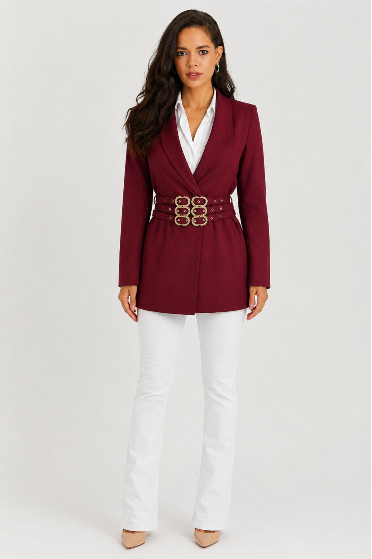 Bordo Kemer Detaylı Kadın Blazer Ceket
