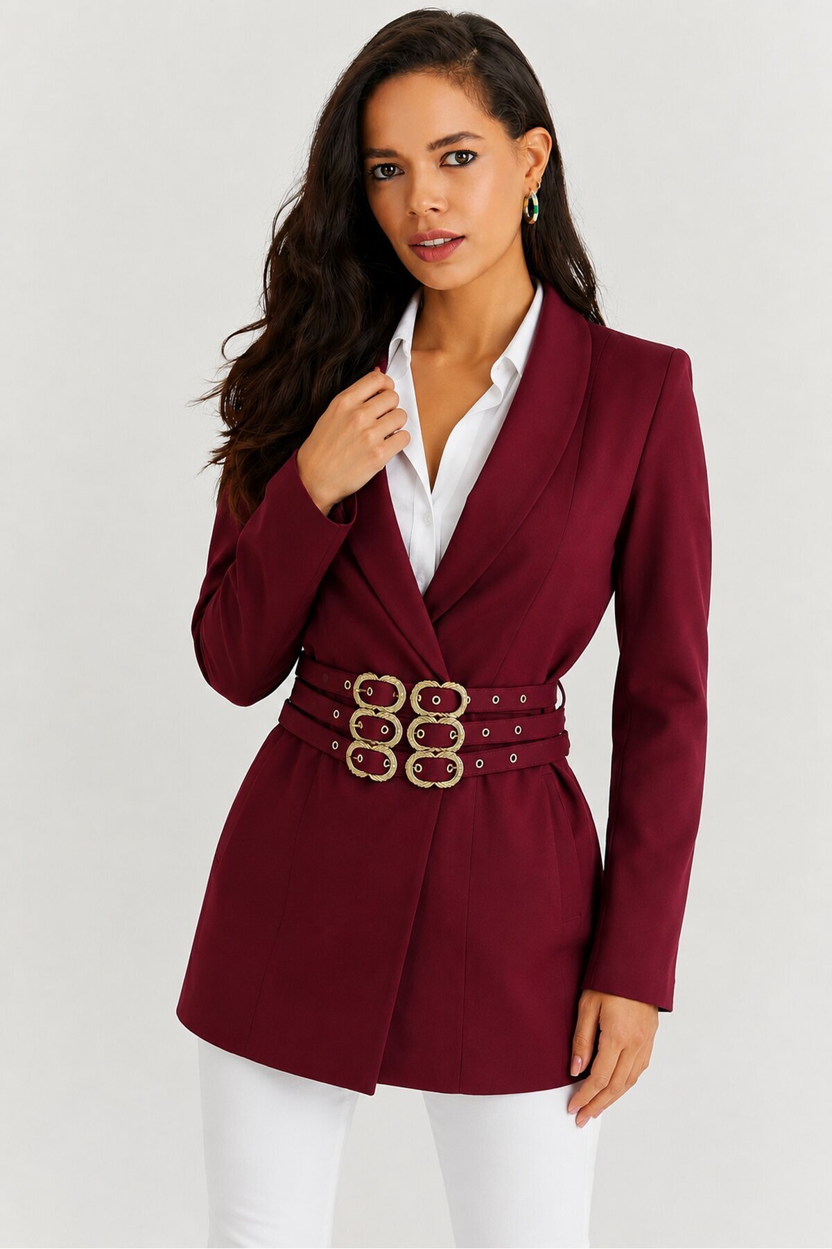 Bordo Kemer Detaylı Kadın Blazer Ceket